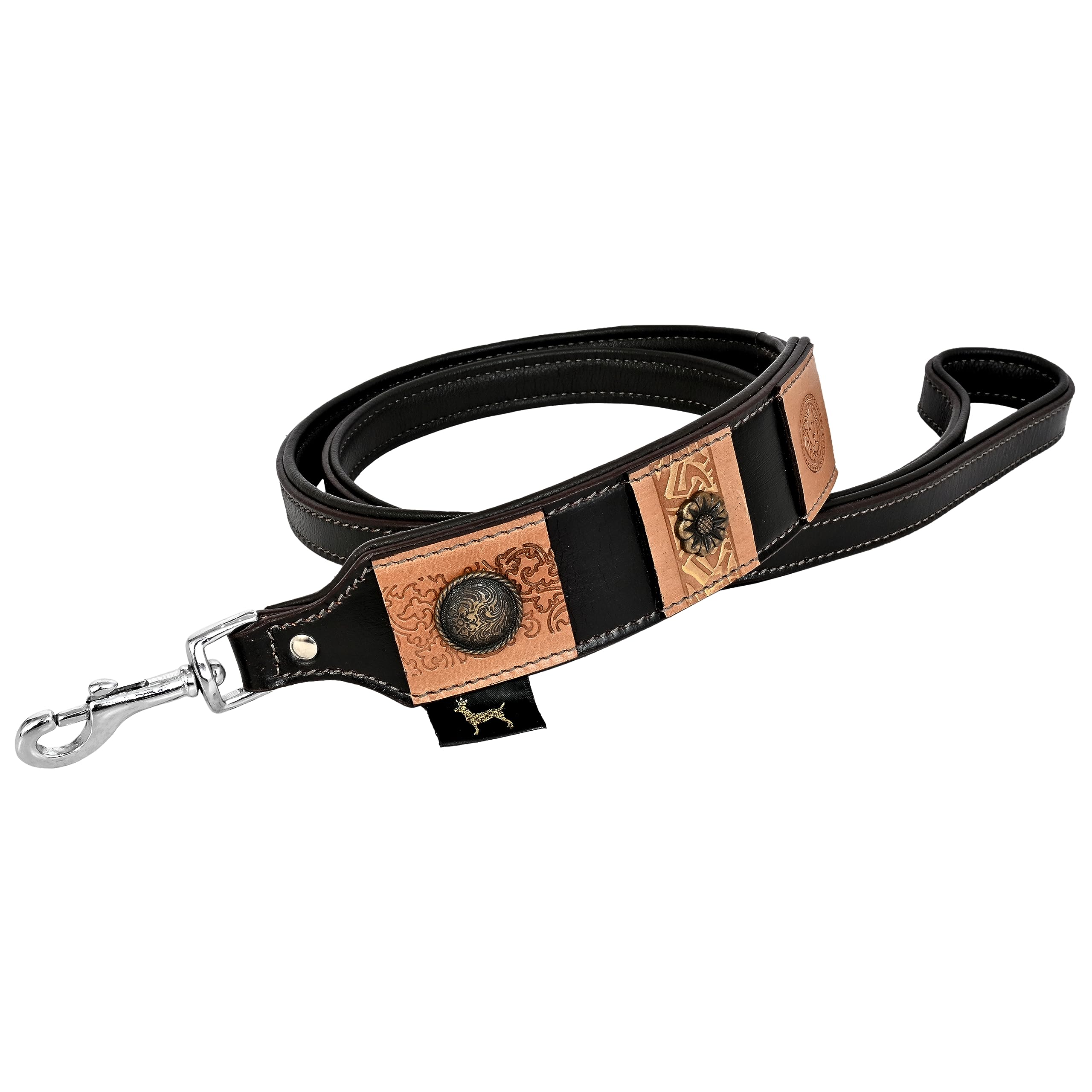 Michur Cesarius Leather Dog Lead, Black Brown with Beige Accents and Beautiful Punching Pattern, Leather, 150 cm, Matching Collar Cesarius is Sold Separately