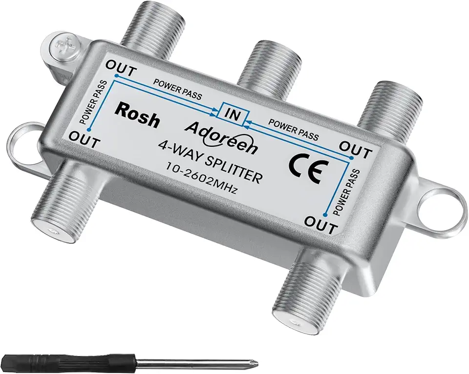 Adoreen Divisor de Cabo Coaxial de 4 Vias, Mini Sinal Digital Bidirecional Rg6/Rg59 Coaxial 10-2602Mhz para Uso Interno E Externo Em Catv, Satélite, Antena, Moca, Internet, Modem + Chave de Fenda - 1
