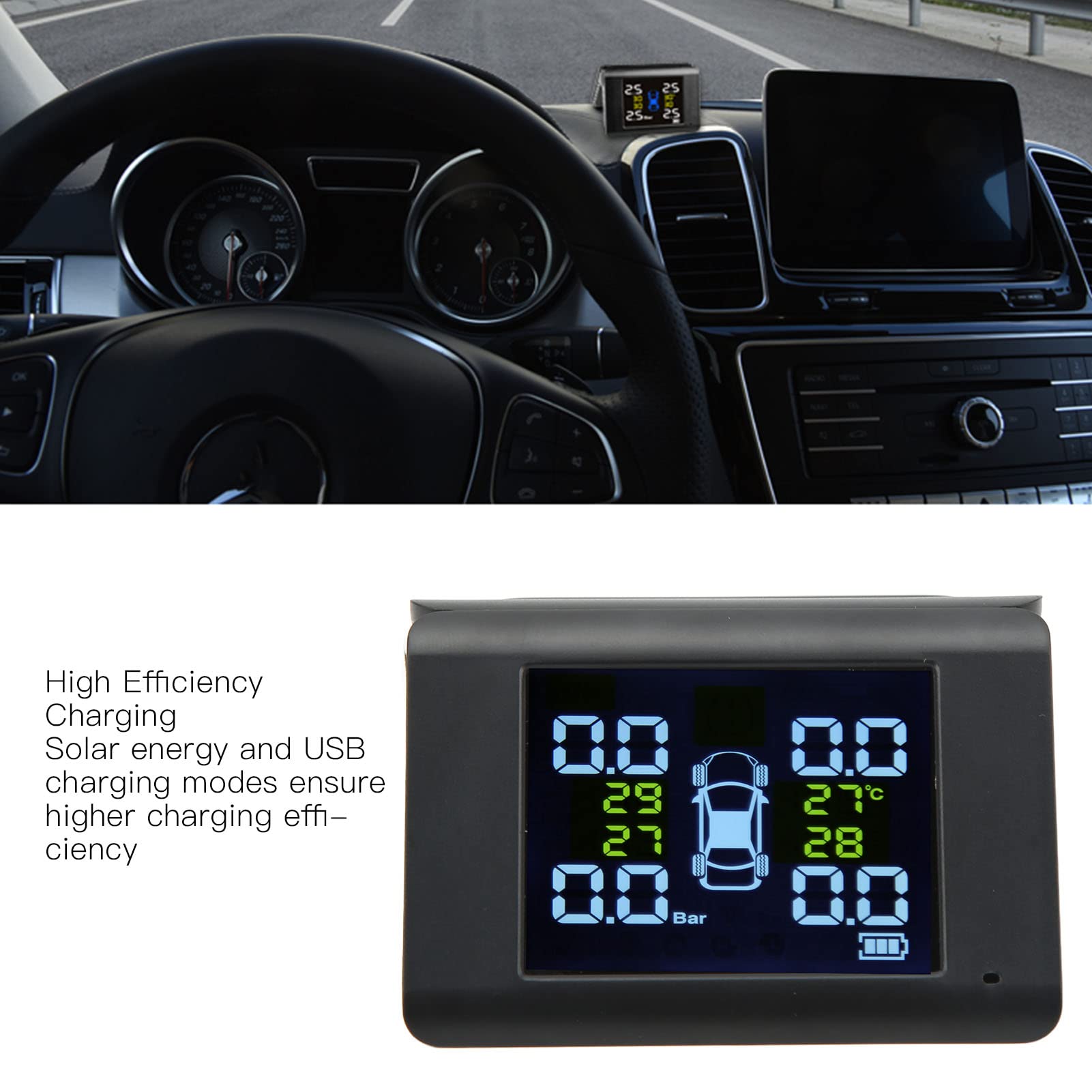 Focket Reifendrucküberwachungssystem, Drahtloses Solar-TPMS-Reifendrucküberwachungssystem mit 4 Externen Sensoren, LCD-Display, Echtzeit-Druck- und Temperaturwarnungen für Auto, Wohnmobil