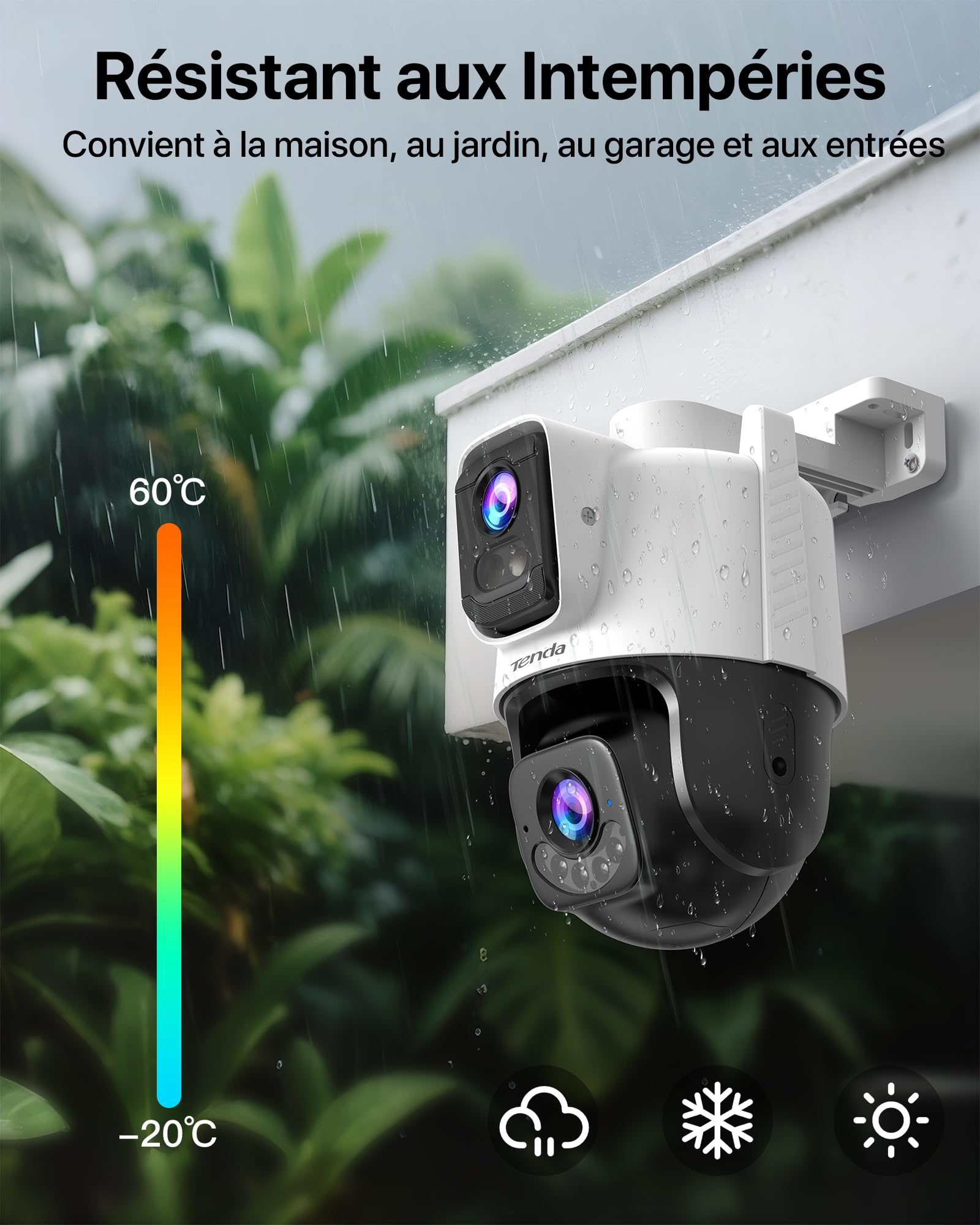 Tenda CH9 Caméra Surveillance WiFi Extérieure Double Objectif 2K+2K, Wi-FI 6 PTZ 360°, Mode Patrouille, Vision Nocturne Couleur, Alarme Sonore/Lumineuse, Détection Humaine/Véhicule, IP65