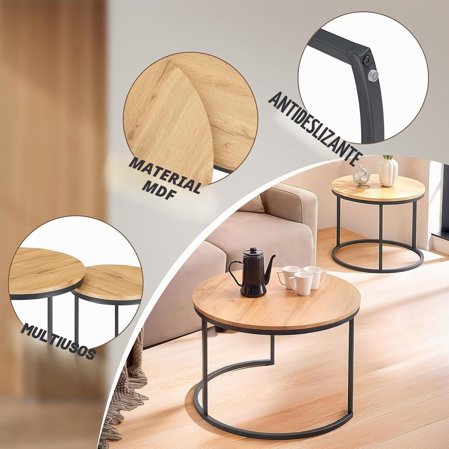Mesa de Centro Redonda Juego de 2 Mesas Nido 70/50 cm con Tablero Madera y Estructura Metálica Negra, Mesa Auxiliar Moderna para Salón