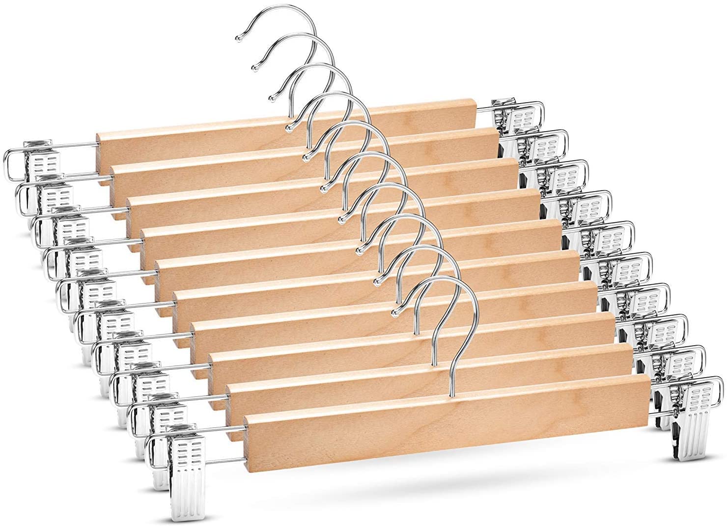 Alment Wooden Clip Hangers for Wardrobe (Pack of 12) | Metal Adjustable Non Slip Clips Grip | Smooth Finish Solid Wood Jeans/Skirt Hanger | Space Saving Hangers for Pants Skirts Trousers Slacks Jeans