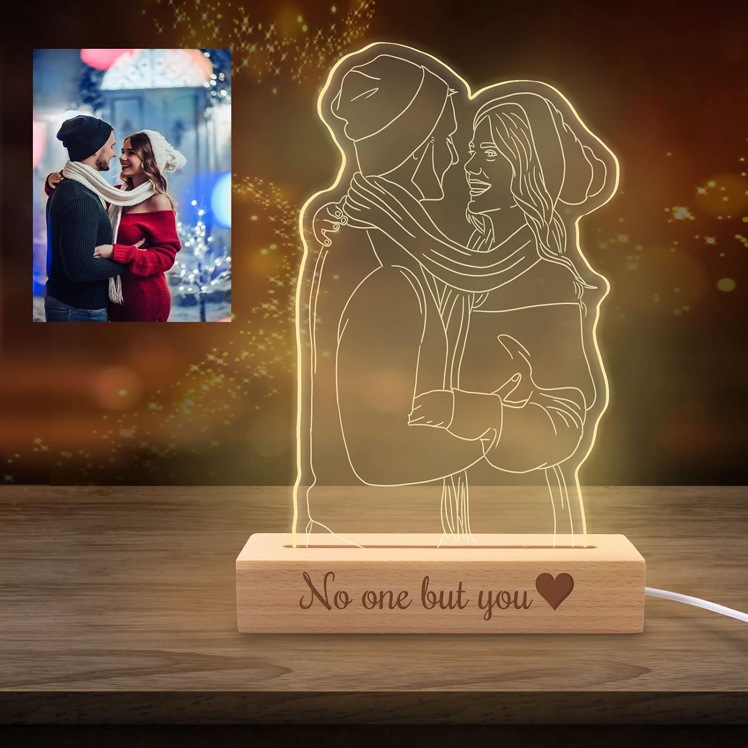 Personalized 3D Photo Lamp Custom Portrait Illusion Night Light with Wood Base Customized Picture Engraved Acrylic Light LED Night Light for Wife Husband Girlfriend