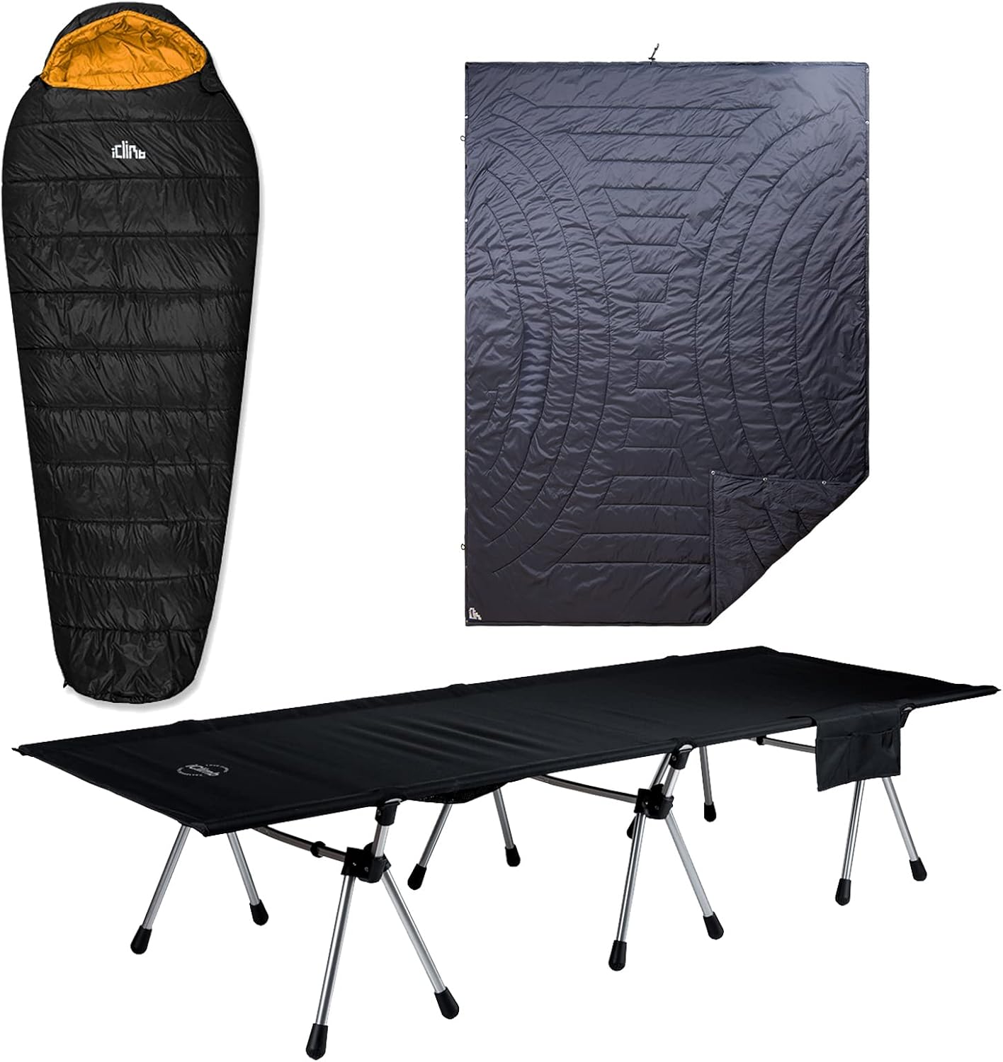 iClimb 1 3M Thinsulate Insulation Sleeping Bag and 1 Two Heights Super Easy Assemble Cot and 1 3M Thinsulate Insulation Warm Camping Blanket Bundle, Ultralight Compact for Solo Person Outdoor Backpack