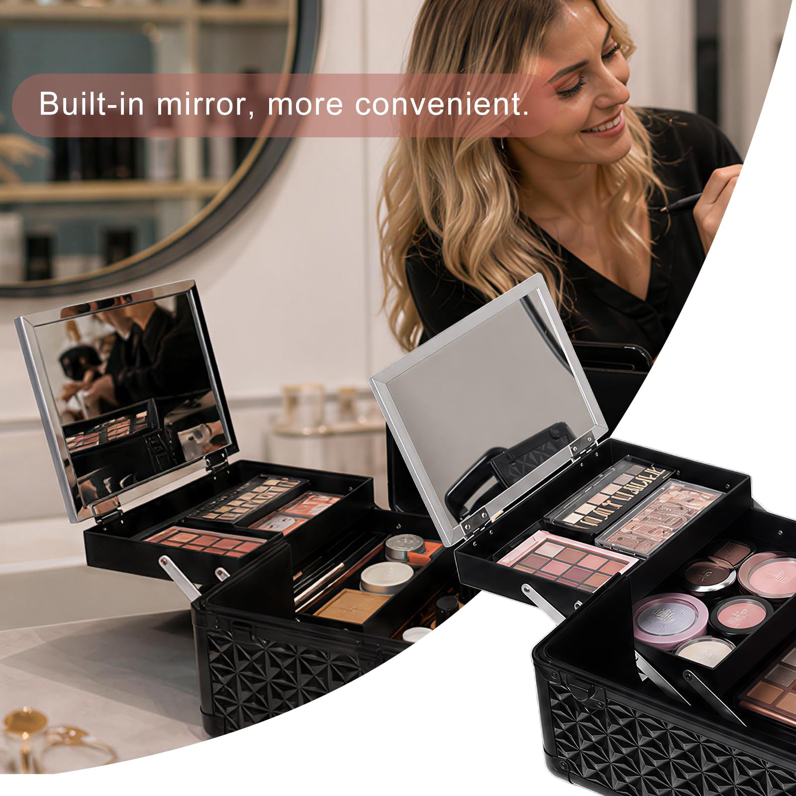 Kosmetikkoffer Trolley 6-in-1 Schminkkoffer mit Spiegel Schloss Großer Kosmetik Reisekoffer Make-up Organizer Schwarz