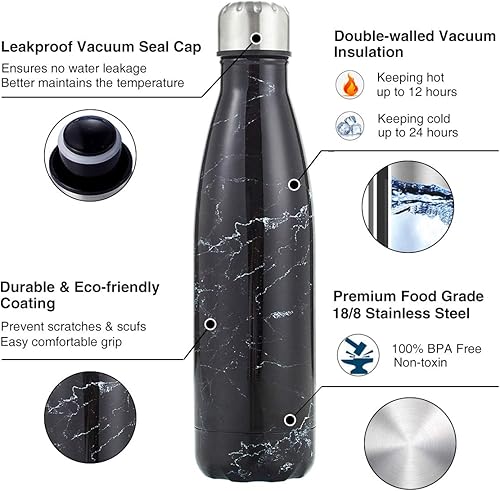 Miniatura 3 de HGDGears Botella de agua de acero inoxidable de 17 onzas, doble pared aislada al vacío, sin BPA, a prueba de fugas, termo en forma de cola con