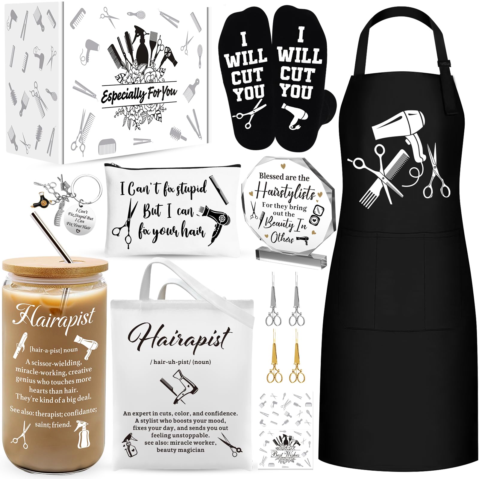 13 Pcs Hairdresser Gifts for Women, Hair Stylist Appreciation Gift with 16 Oz Glass Cup, Apron, Tote Bag, Makeup Bag, Socks, Acrylic Sign, 4 Scissor