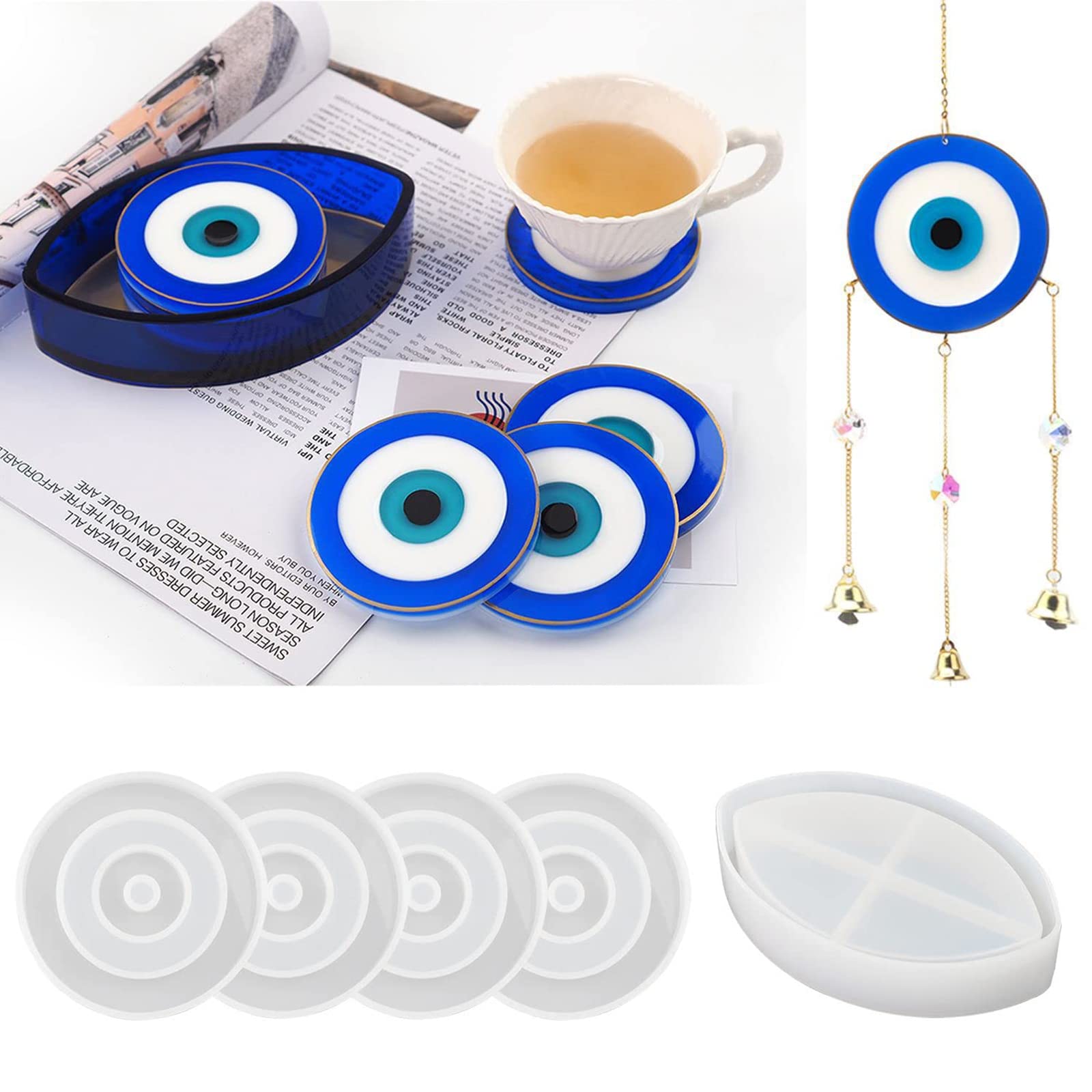 Excefore Coaster Resin Mold, 4Pcs Evil Eye Silicone Molds DIY Epoxy Mold for Coasters Resin Casting, Coaster Resin Molds with Coaster Stand Storage Box Molds for Gift, Home Decoration