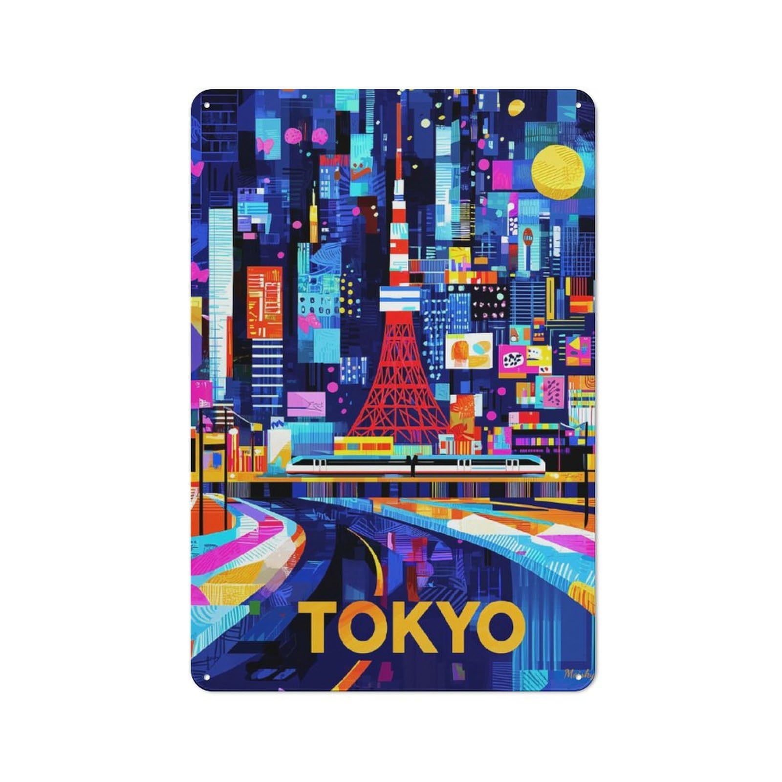 Junmoney Tokyo Neon Glow – Colorful Geometric Cityscap Vintage Tin Sign 30X20cm With E For Man Cave Or Games Room, For Games Room Collectors