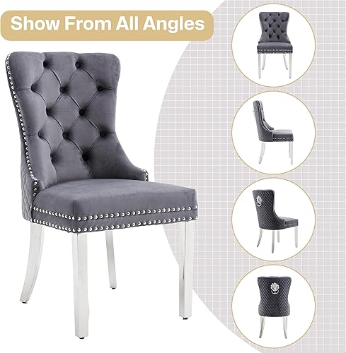 Miniatura 8 de Homedraft Nikki Collection - Juego de 2 sillas de comedor de terciopelo con patas acrílicas y anillo de tracción, silla auxiliar de lujo con ribete