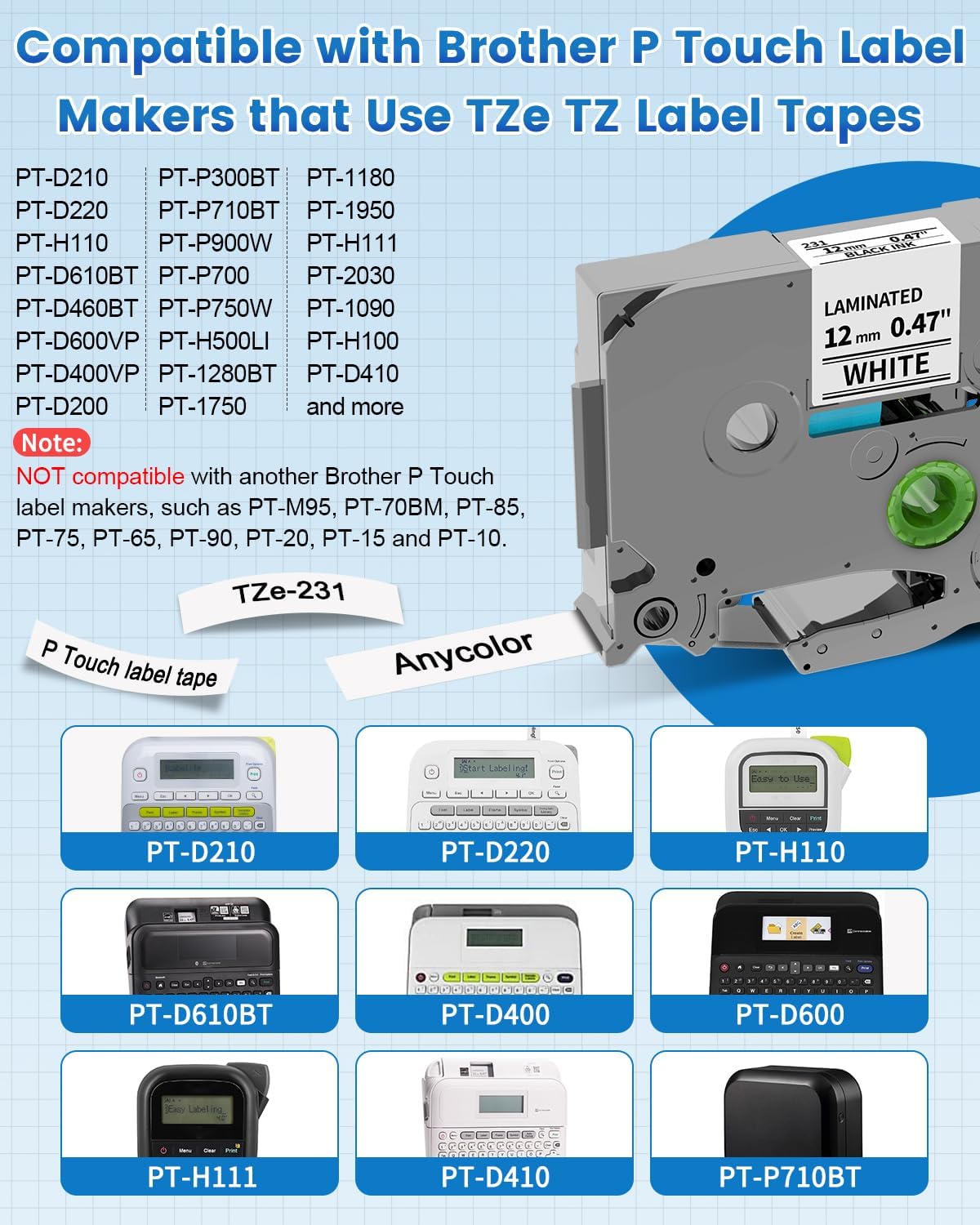 Anycolor Replace for Brother P Touch Label Tape TZe TZ Tape 12mm 0.47 Laminated White TZe-231 Label Maker Tape Compatible with Ptouch PT-D210 PT-D220 PT-H110 PT-D610BT PT-D600 PT-D410 PT-D400, 5p - Image 2