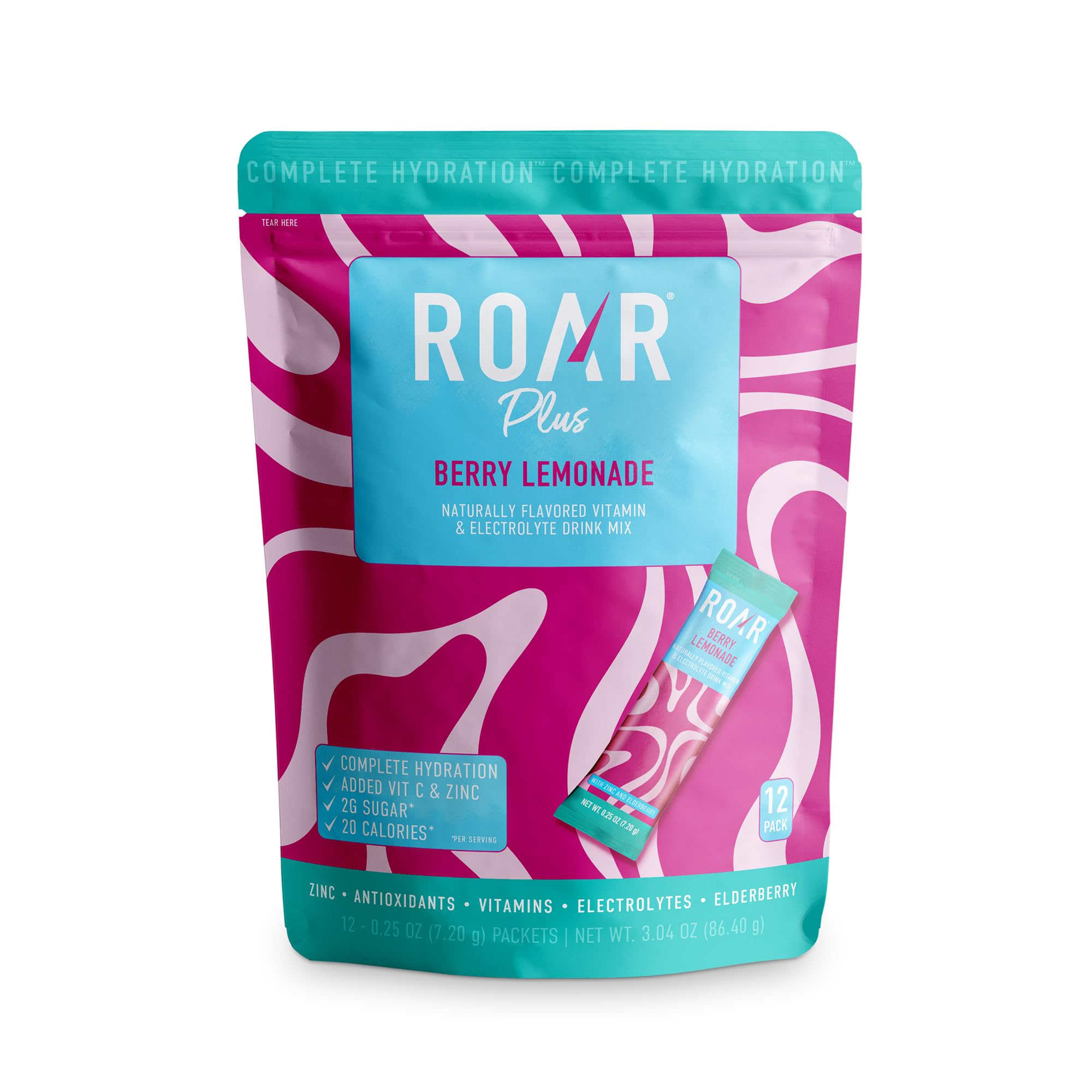 Roar Complete Hydration Powder Plus - Hydration Packets with Zinc and Elderberry - Electrolytes Powder No GMOs, Gluten Free - Berry Lemonade - 12 pc