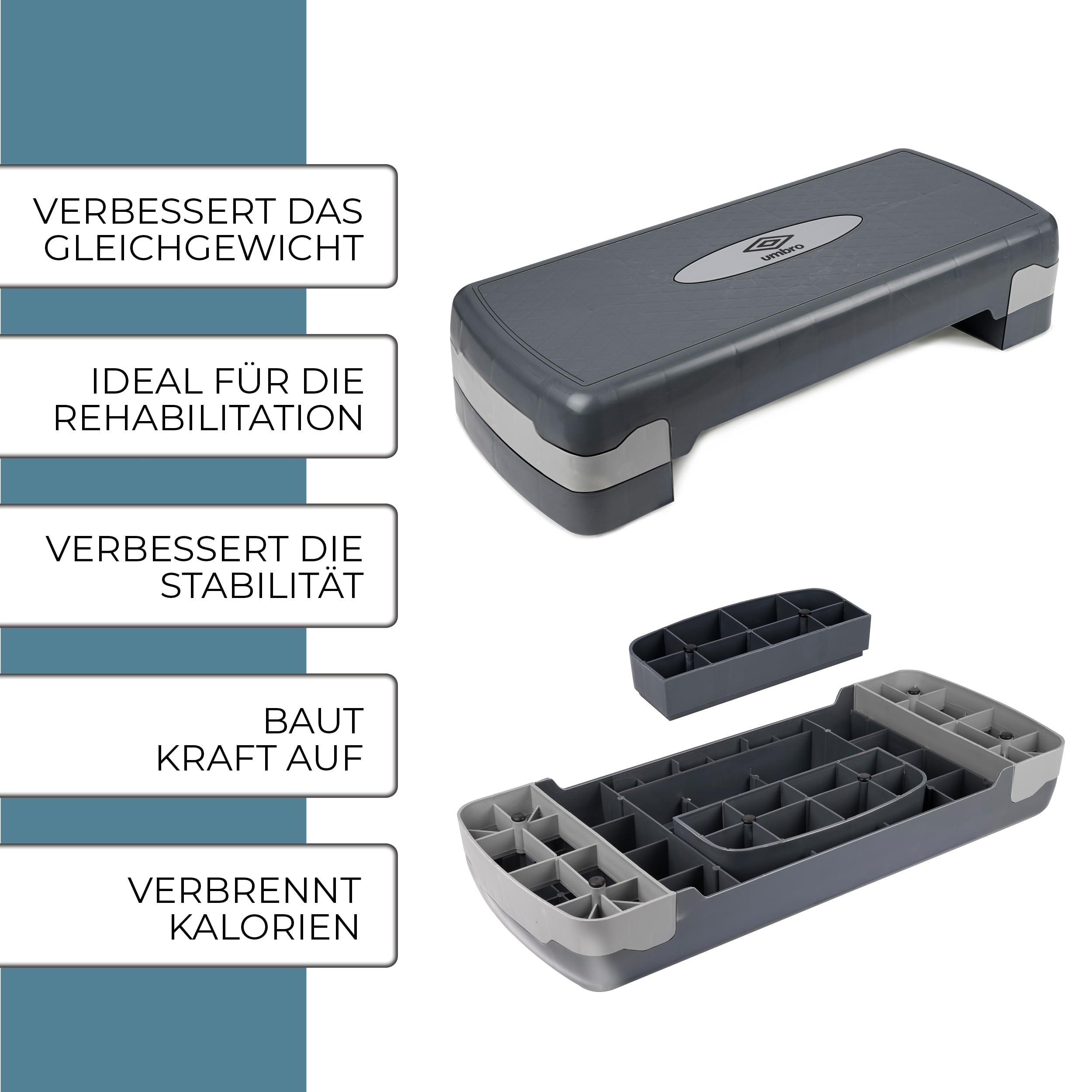 Umbro Stepper für Zuhause Höhenverstellbar 10-15 cm – Fitness Stepper mit Rutschfester Oberfläche für Reha und Training – Kompakt und Stabil – Grau/Schwarz – 68,3 x 29 x 10,4 cm