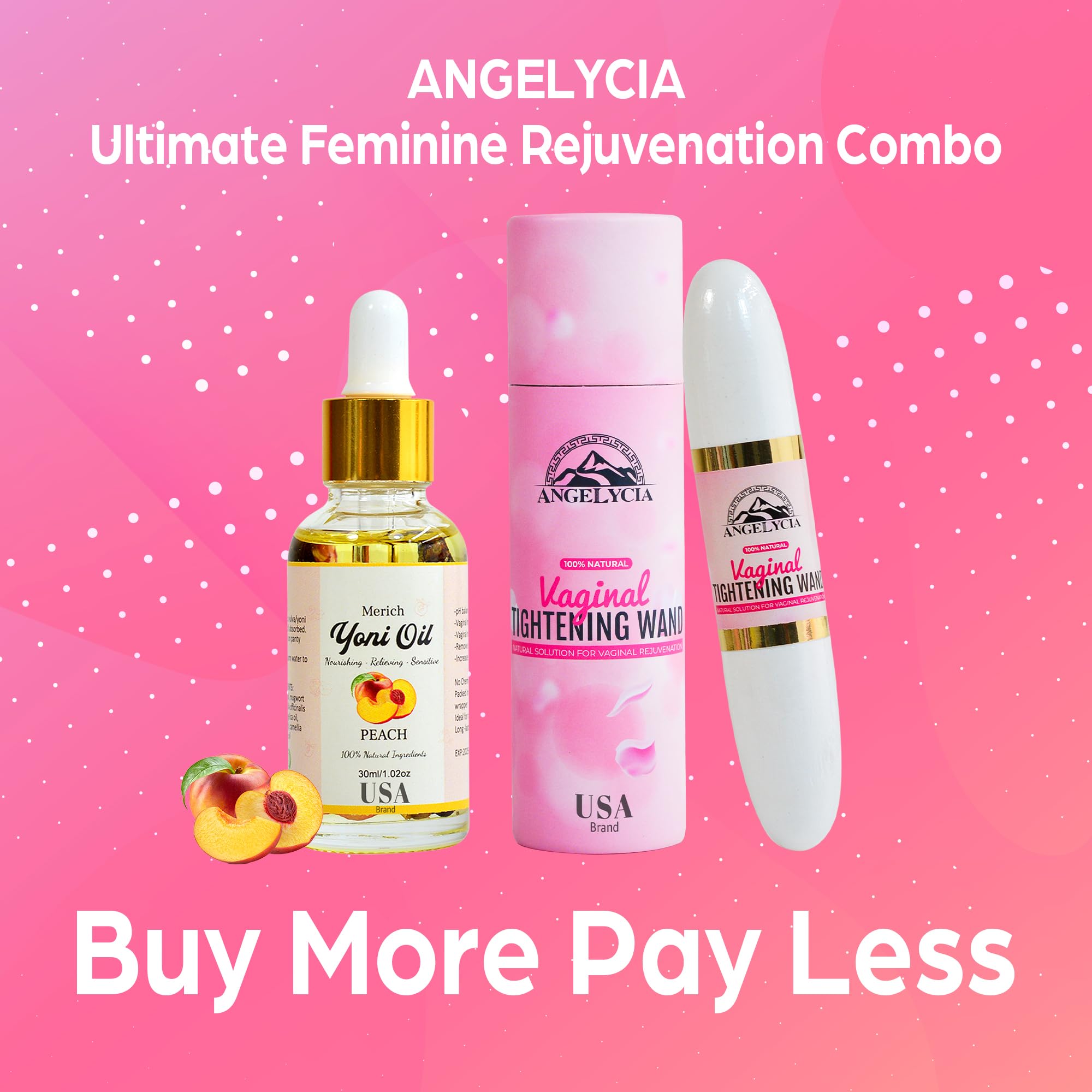 ANGELYCIA Ultimate Feminine Rejuvenation Combo, Virginity Wand and Feminine Yoni Detox Oil Peach, Vaginal Tightening Solution, Restores pH Balance for Women