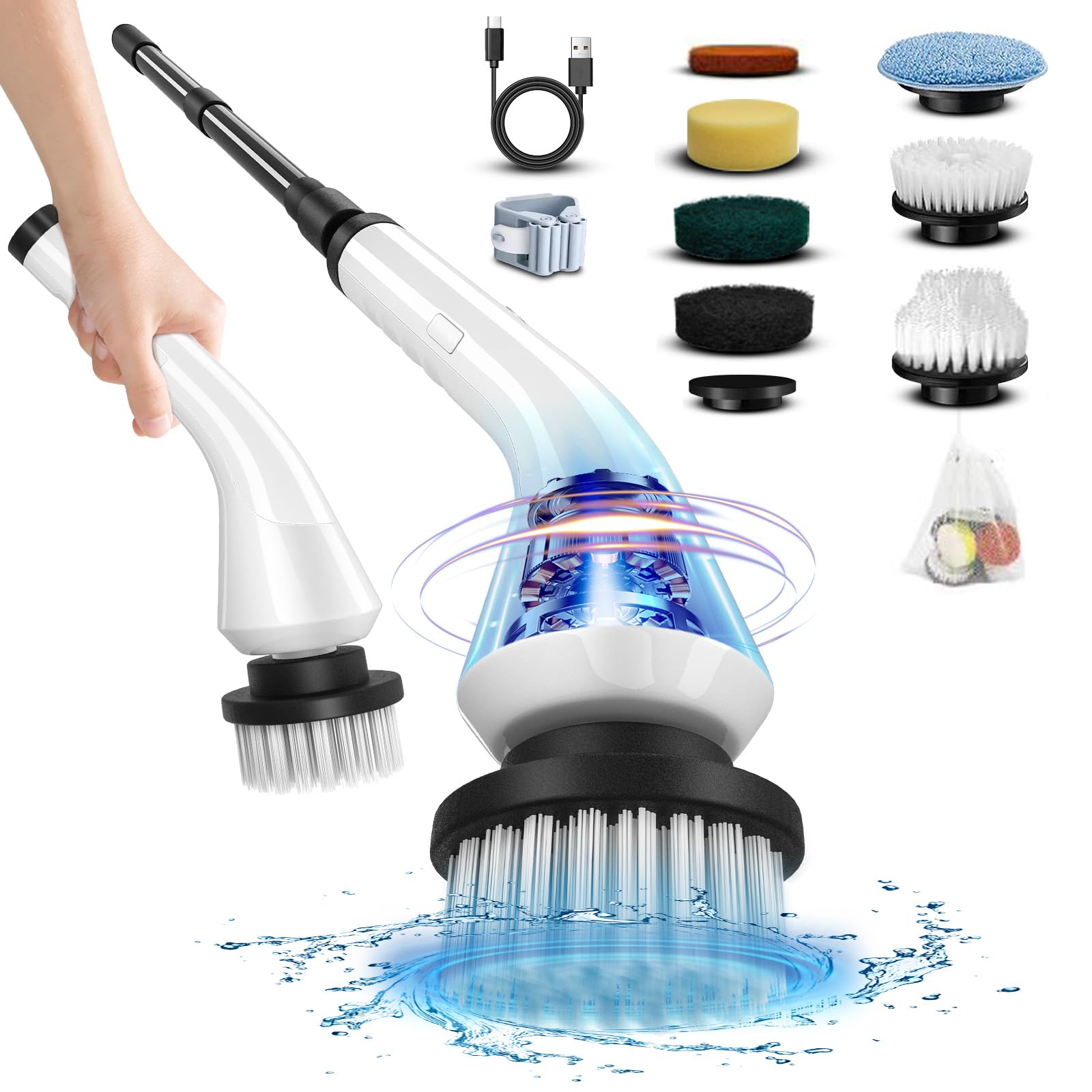 SAMINRAElectric Spin Scrubber, Electric scrubber with 8 Replaceable Brush Heads & Detachable Extension Handle, Power spin scrubber cordless for Cleaning Bathroom Bathtub Kitchen Tile Floor