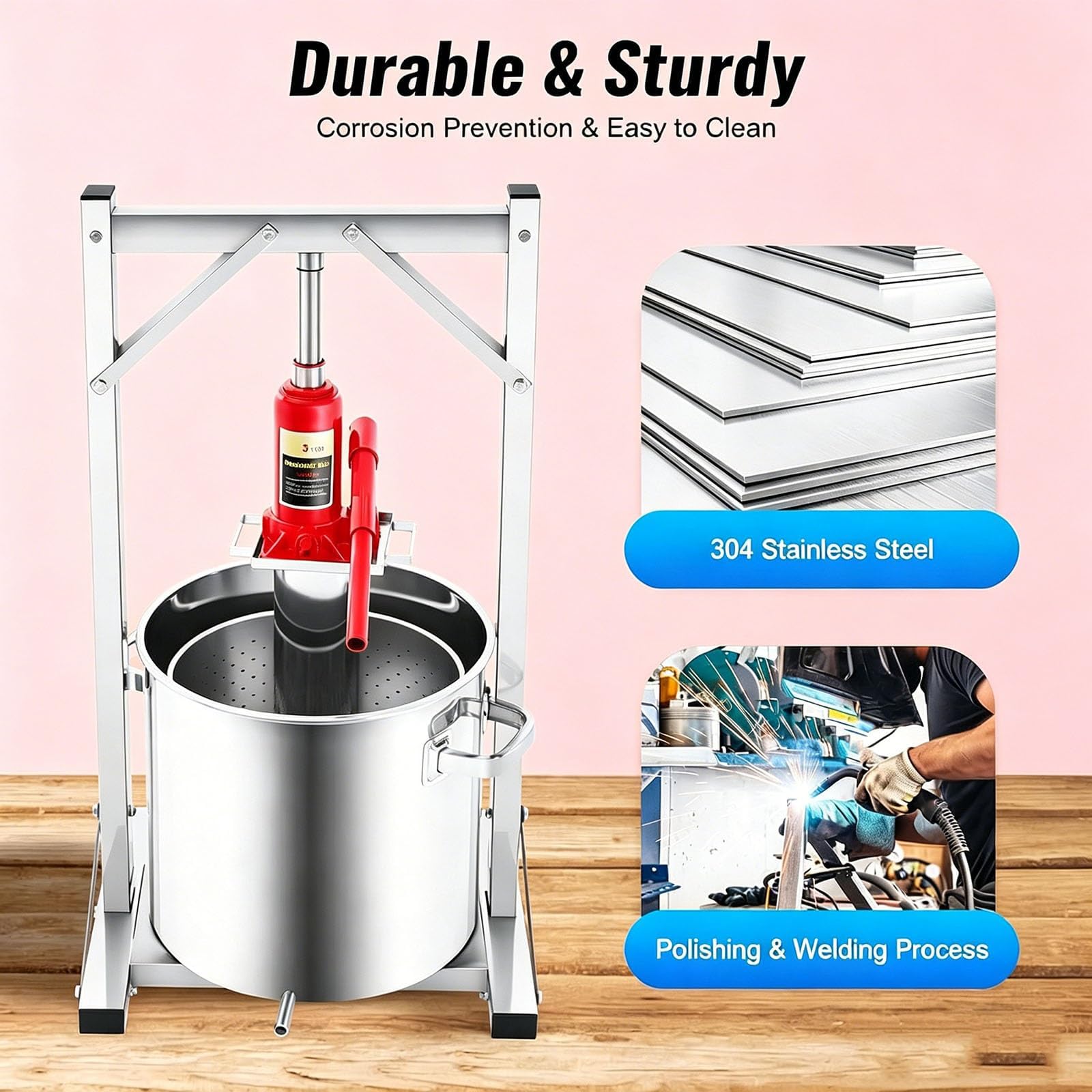 Pressa Idraulica per Frutta e Vino, Pressa Manuale per Frutta da 12L/22L/36L con Martinetto Idraulico da 3000kg - Cestello in Acciaio Inox 304 per la Produzione di Succo, Vino e Sidro 22L