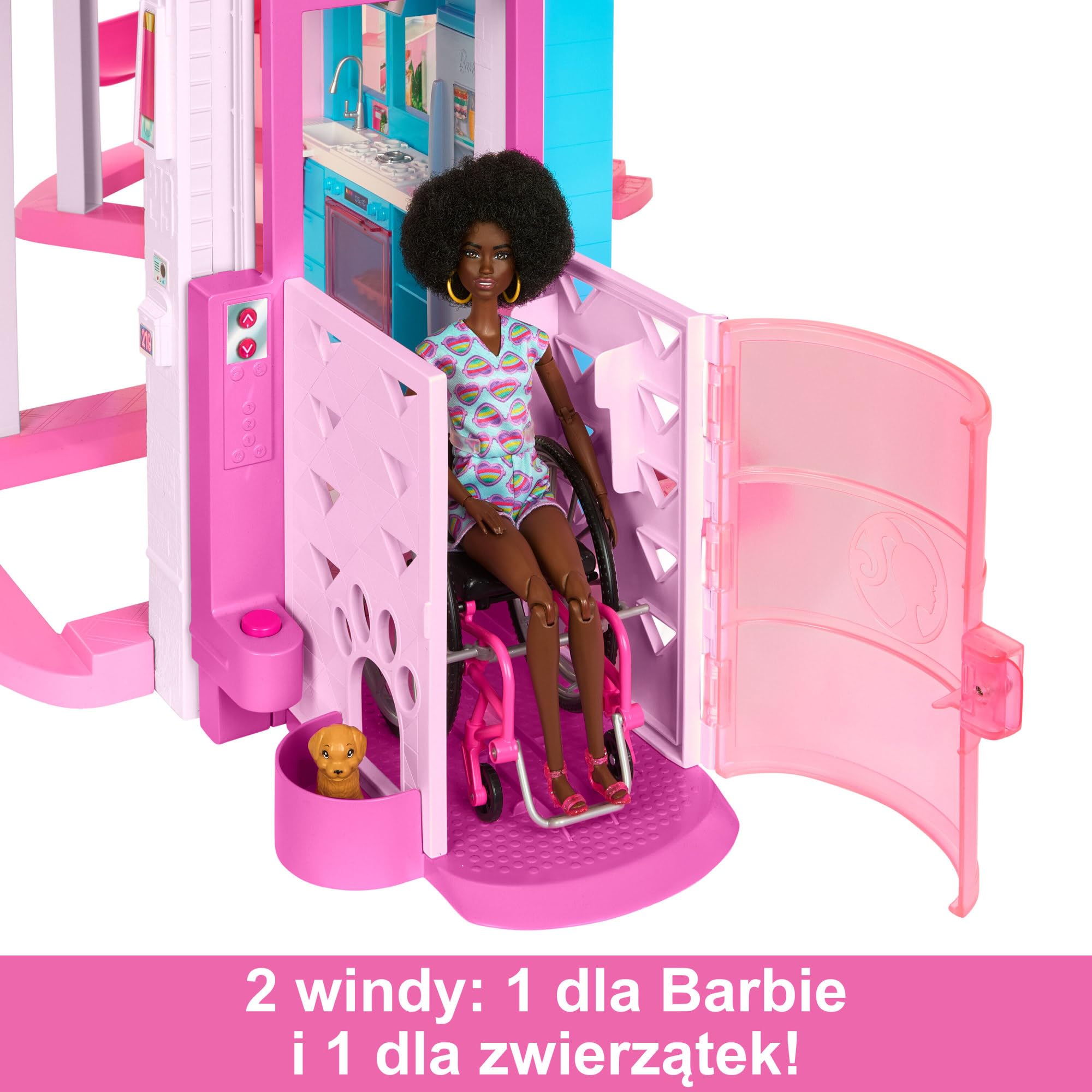 Barbie Dreamhouse Dom Marzeń Domek dla lalek ze zjeżdżalnią sięgającą górnego poziomu, windą i miejscem do zabawy dla zwierzątek oraz ponad 75 akcesoriami, HMX10