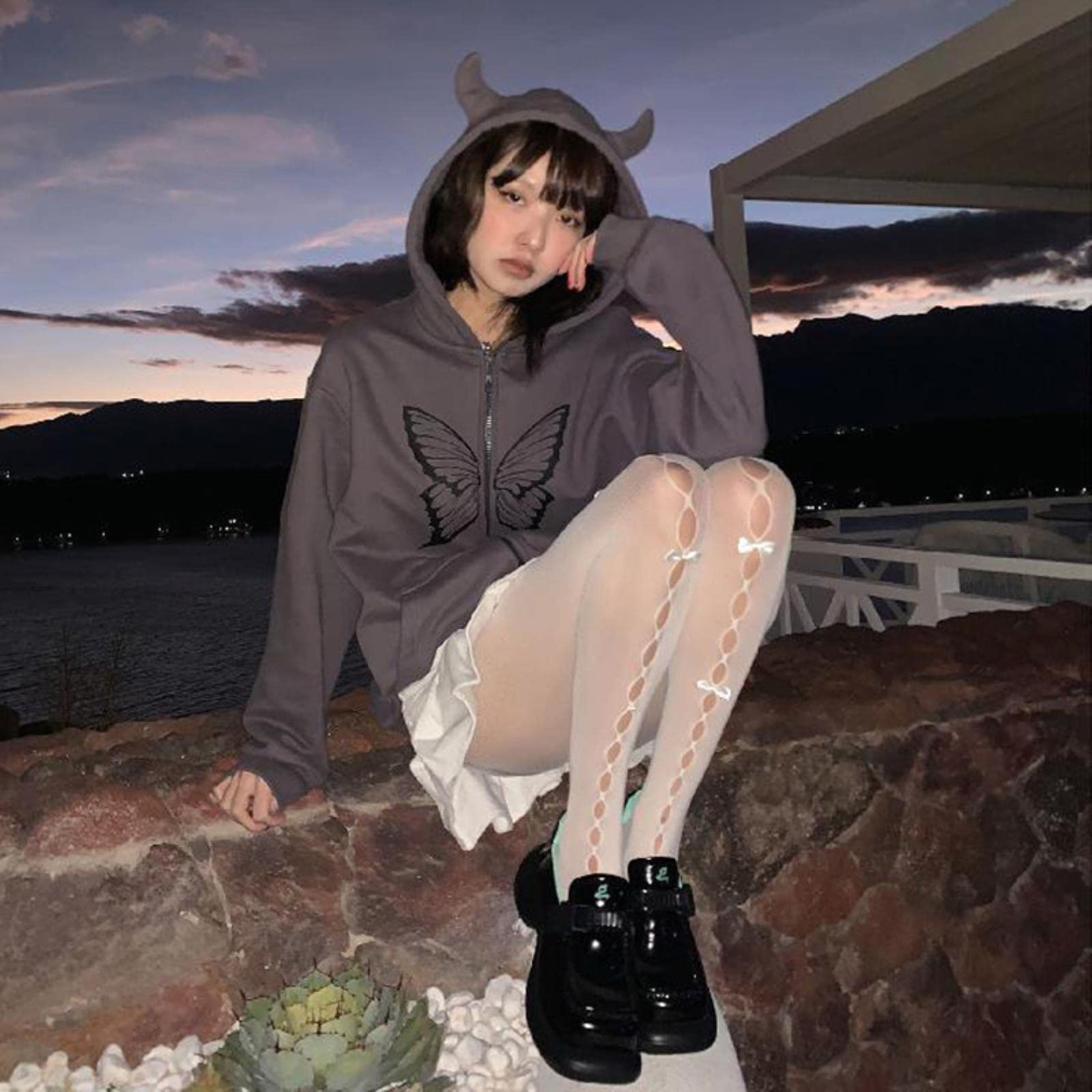 Abbigliamento Donna, Felpa con Cappuccio con Cerniera e Stampa a Farfalla da Donna Hip-Hop, Maglione Oversize da Donna, Grigio, S