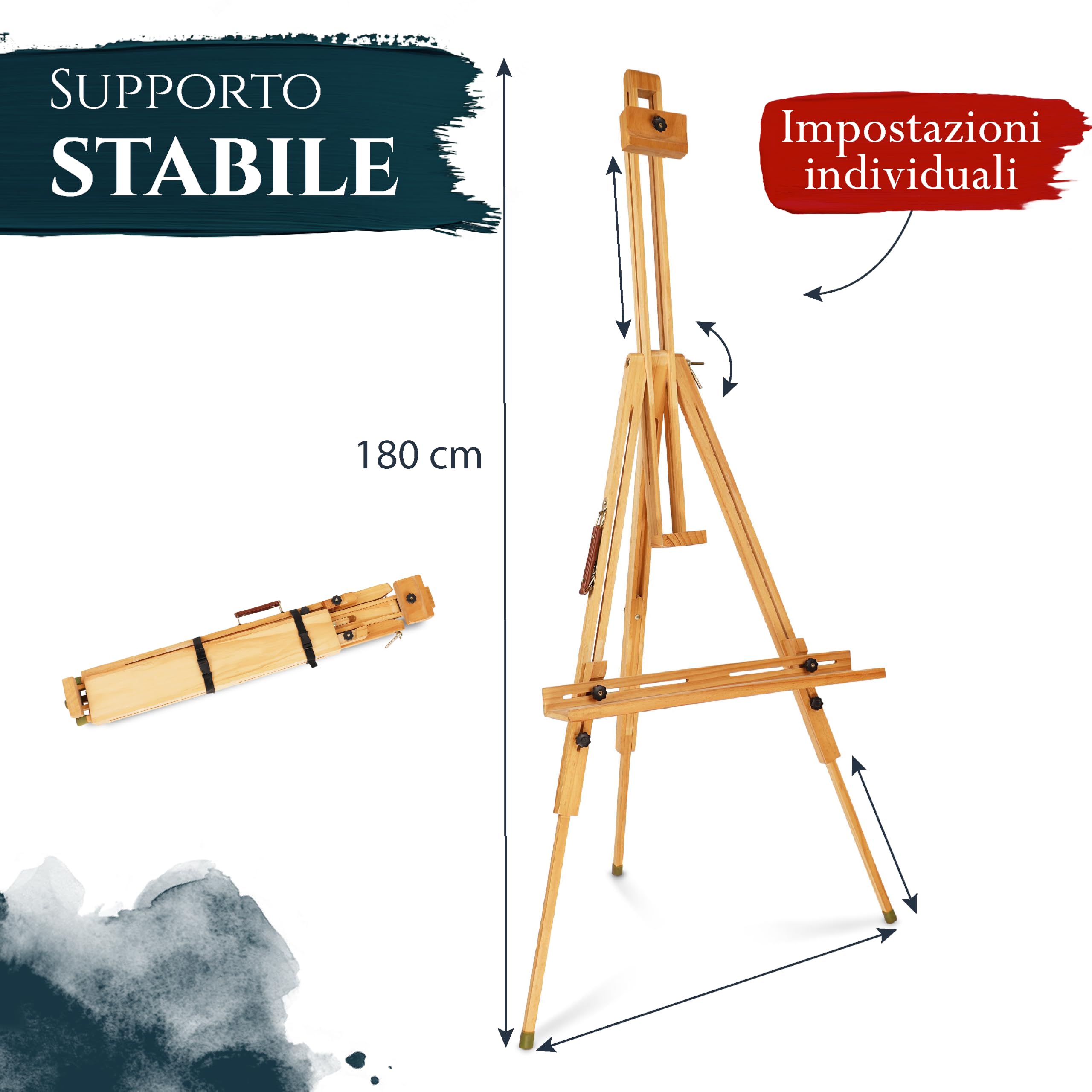 Artina cavalletto leggero in legno di faggio - cavalletto portatile regolabile nell'inclinazione - piedini in gomma antiscivolo campo cavalletto a telaio fino a 80 cm - cavalletto per pittura