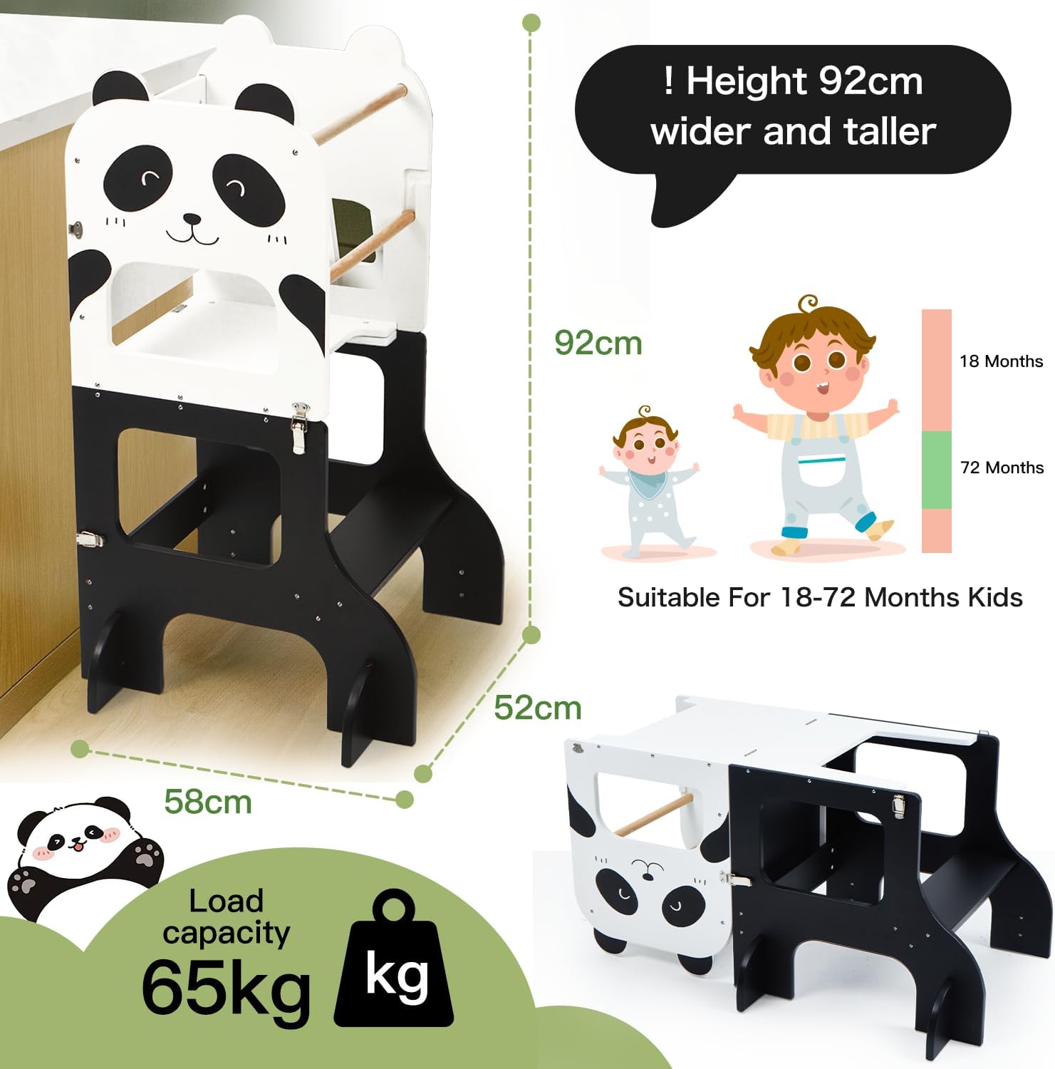 Diagram showing the dimensions of the labebe Montessori Learning Tower (92cm height, 58cm length, 52cm width) and its 65kg load capacity.