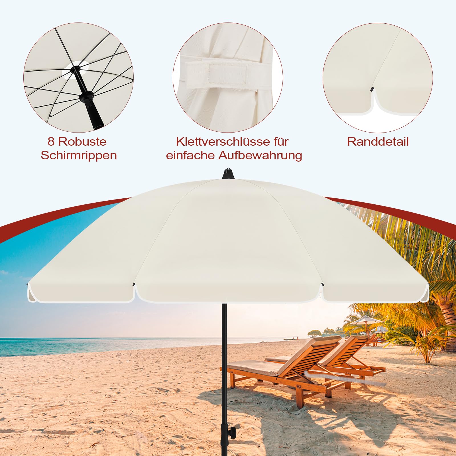 Laneetal Sonnenschirm Strand φ135/155/175 cm, UV-Schutz UPF 50+, höhen- und neigungsverstellbar, tragbar mit Tragetasche, runder Sonnenschirm für Balkon Garten Strand