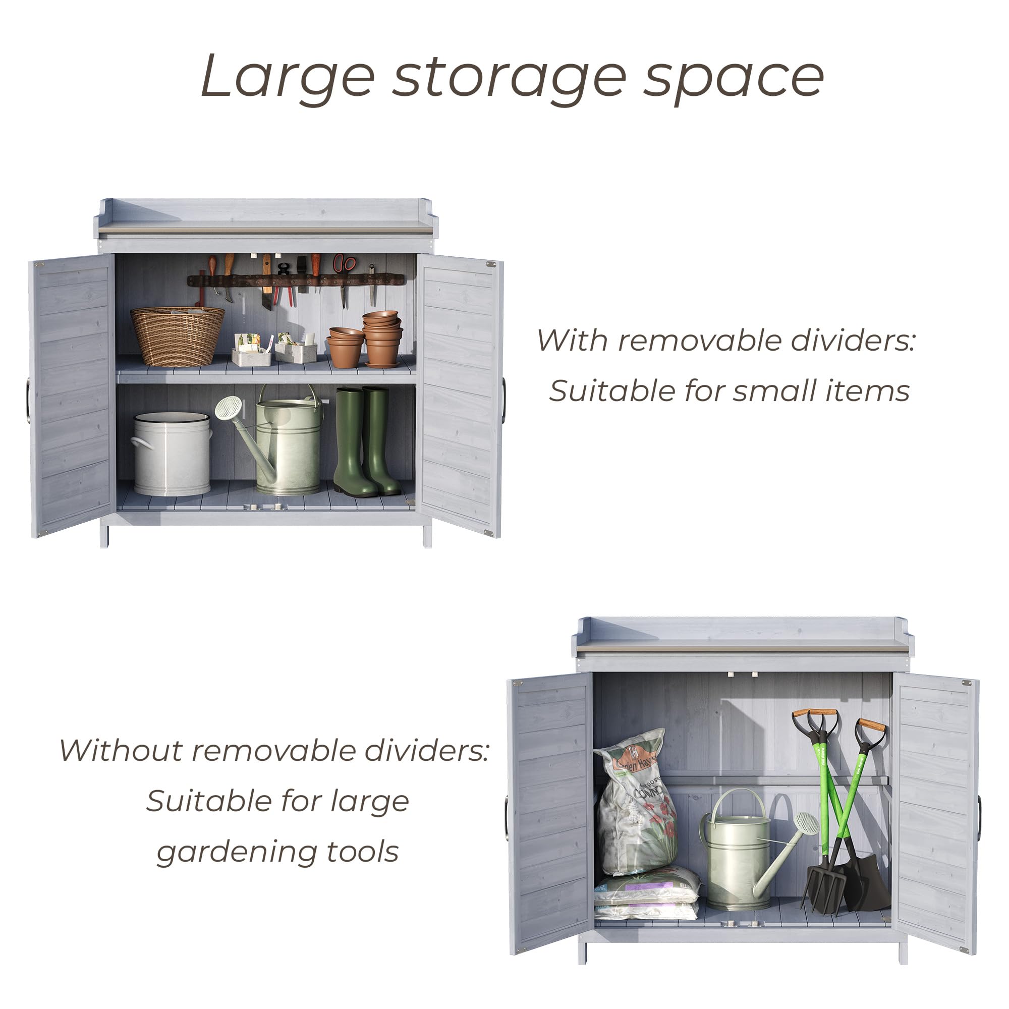 Pflanztisch mit Unterschrank, Gartenschrank mit verzinkter Arbeitsplatte & 2 höhenverstellbaren Einlegeböden, Balkonschrank für Garten, Balkon, Terrasse, 98x48x95cm (Grau)