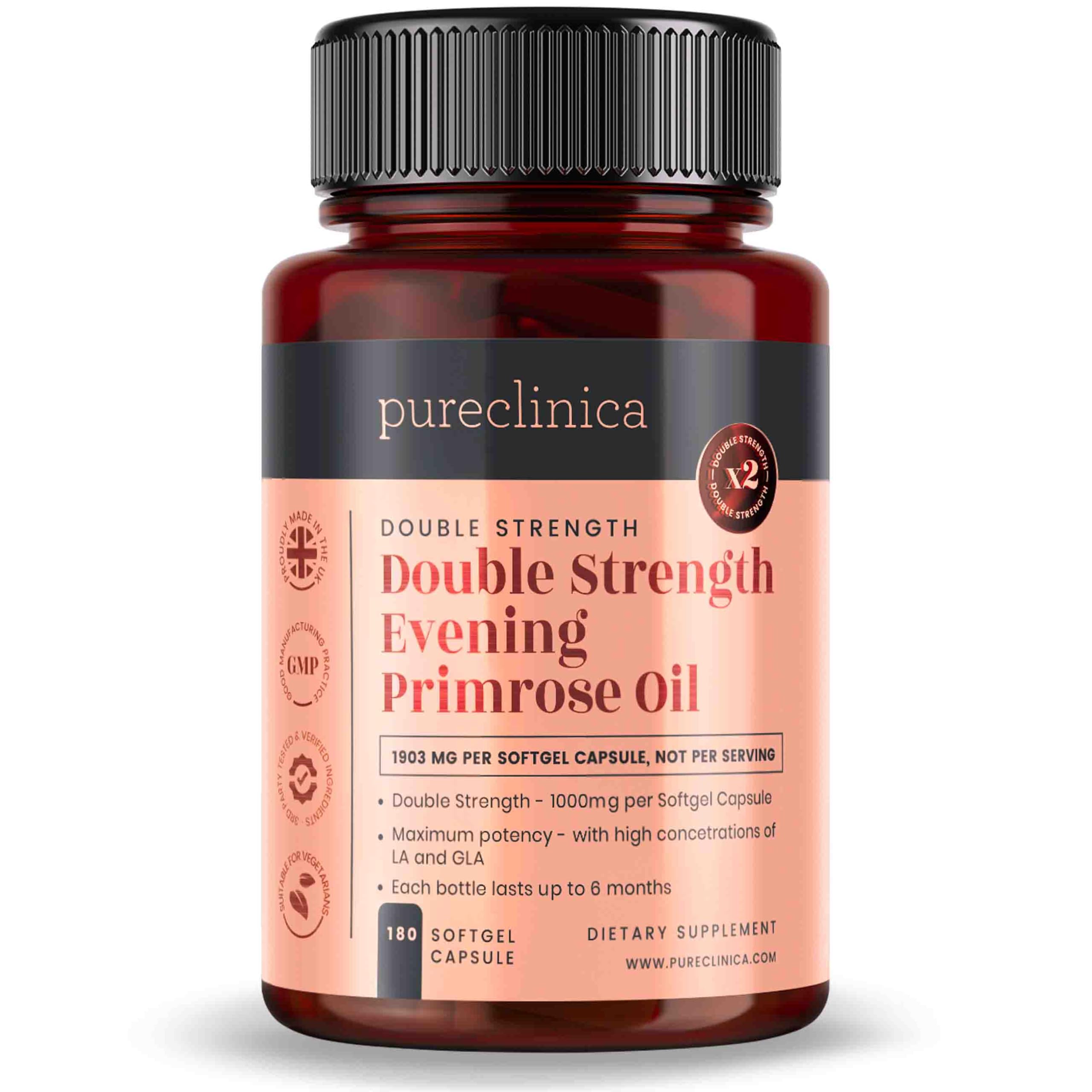 Supreme Strength Evening Primrose Oil (6 Months Supply - 180 Capsules) - 1000mg of 80% Linoleic Acid.