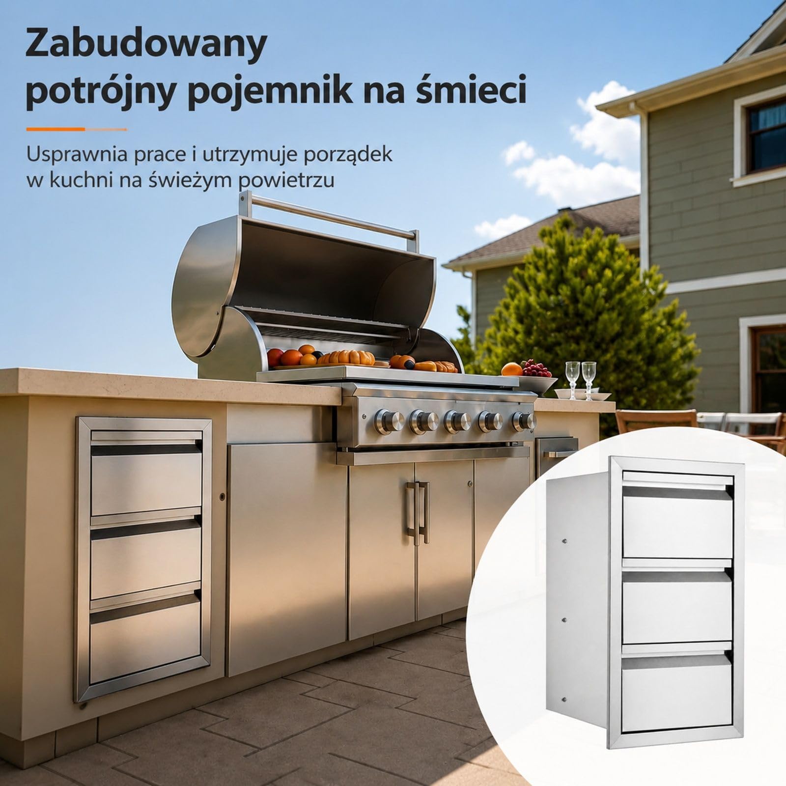 Szuflada do zabudowy z 3 komorami ze stali nierdzewnej, do kuchni zewnętrznej i wyspy grillowej
