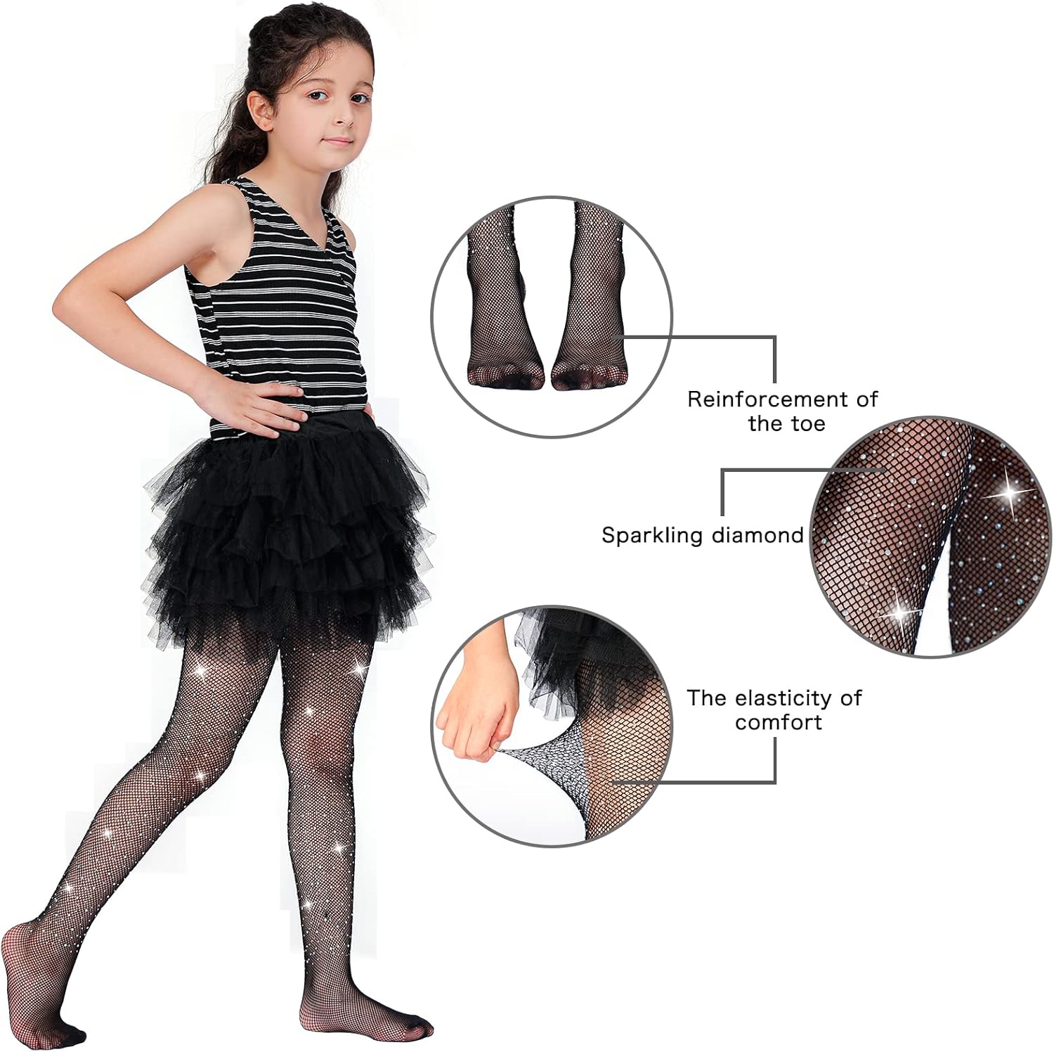 MANZI Rhinestone Fishnets Tights for Girls White Sparkly Black Tights for Girls Fishnet Stockings (Pack of 2) - Image 7
