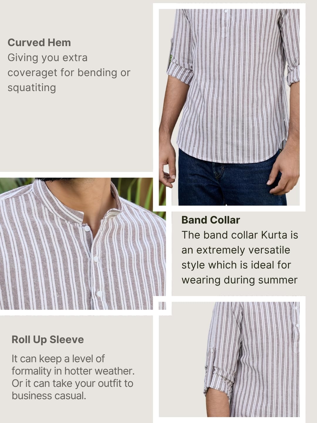 See Designs Men's Roll-Up Sleeve Mandarin Collar Brown Woven Striped Cotton Short Kurta - Sdkt2953S