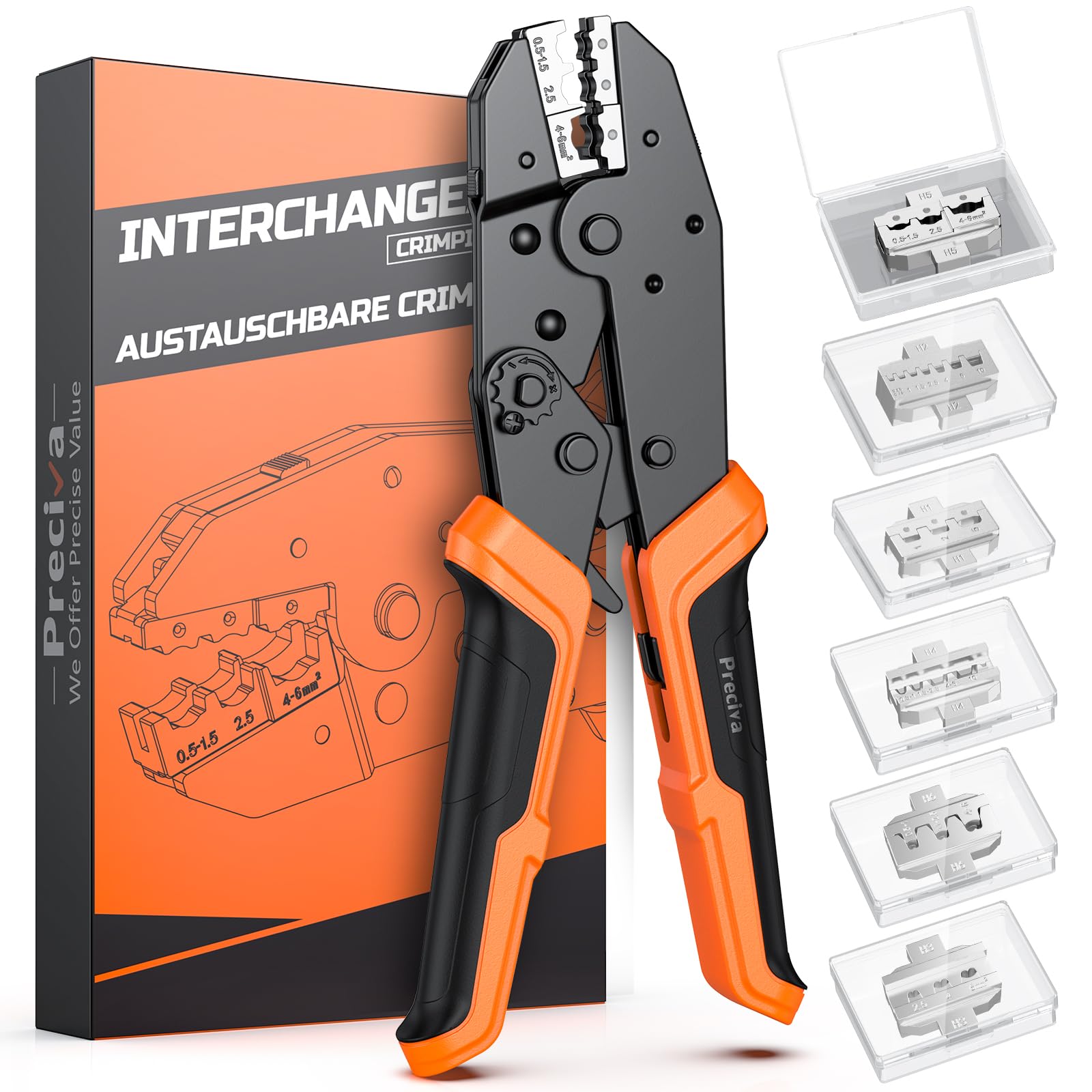 Crimping Pliers Ratcheting Wire Crimper Tool Set for Heat Shrink, Nylon, Non-Insulated Connectors, Ferrule Terminals with 6 Heads for Quick Change