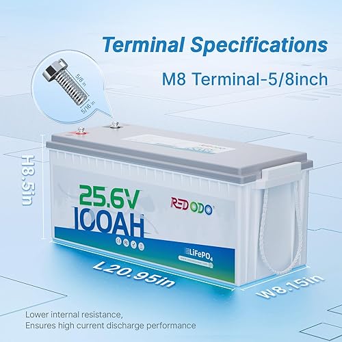Miniatura 5 de Redodo Batería de litio LiFePO4 de 24 V 100 Ah, salida de potencia máxima de 2560 W, BMS de 100 A, 4000-15000 ciclos profundos y vida útil de 10