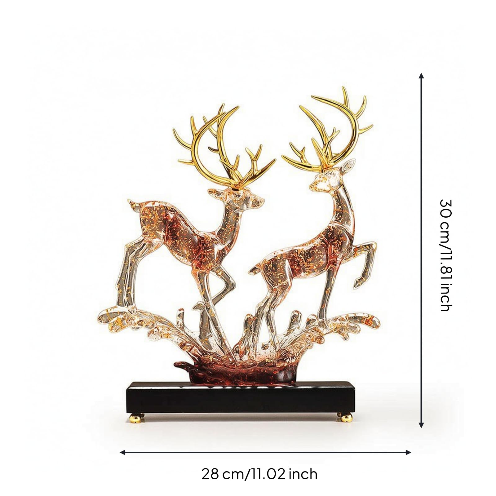 Figurine Escultura de Ciervo Adorno Figura Estatuilla en Resina con Brillo Translúcido y Movimiento Adecuada para Escritorio, Pareja De Ciervos De Cristal con Lámina De Oro Y Base