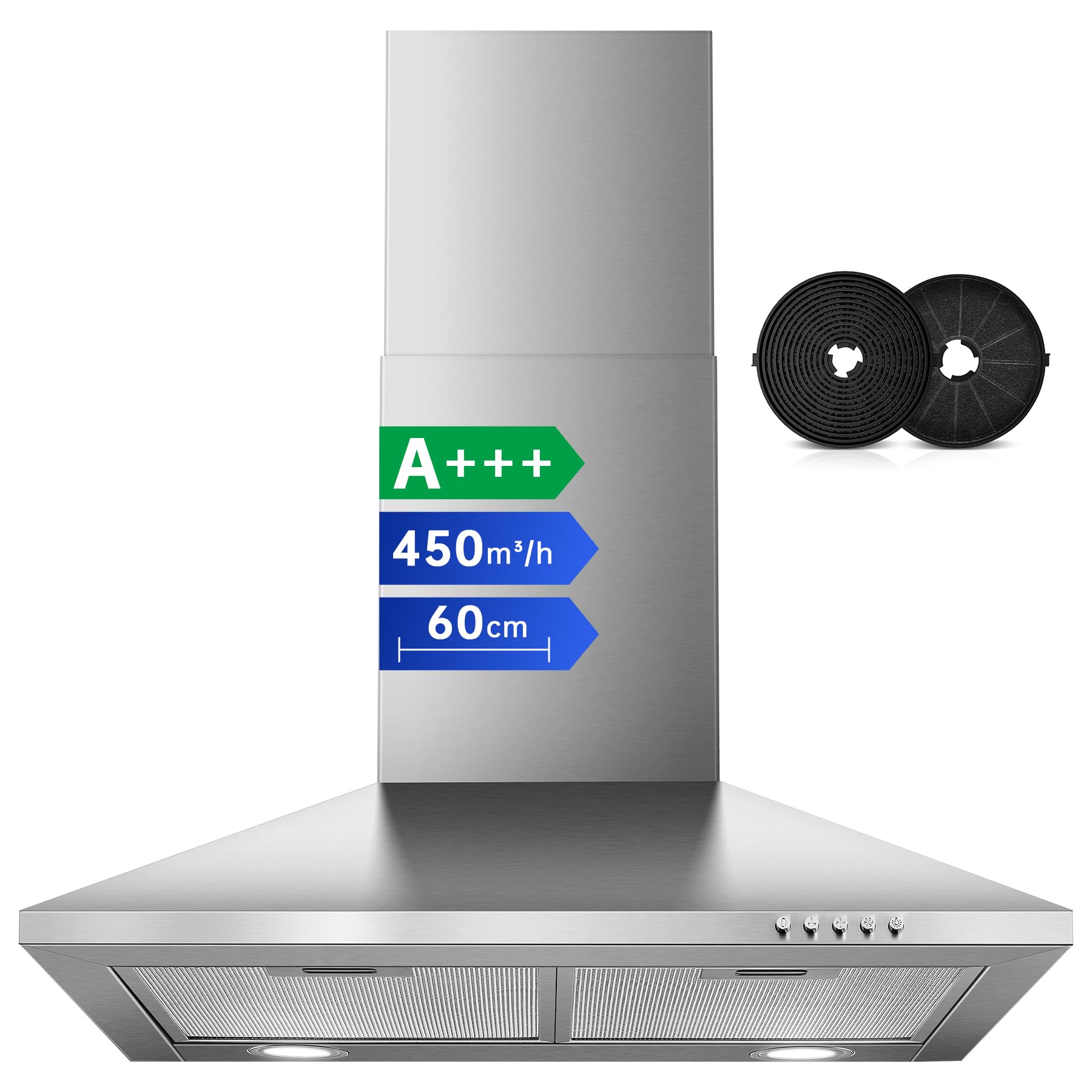 Hotte Aspirante 60cm 450m³/h Classe A+++ Inox 3 Vitesses Éclairage LED Filtre à Charbon Inclus
