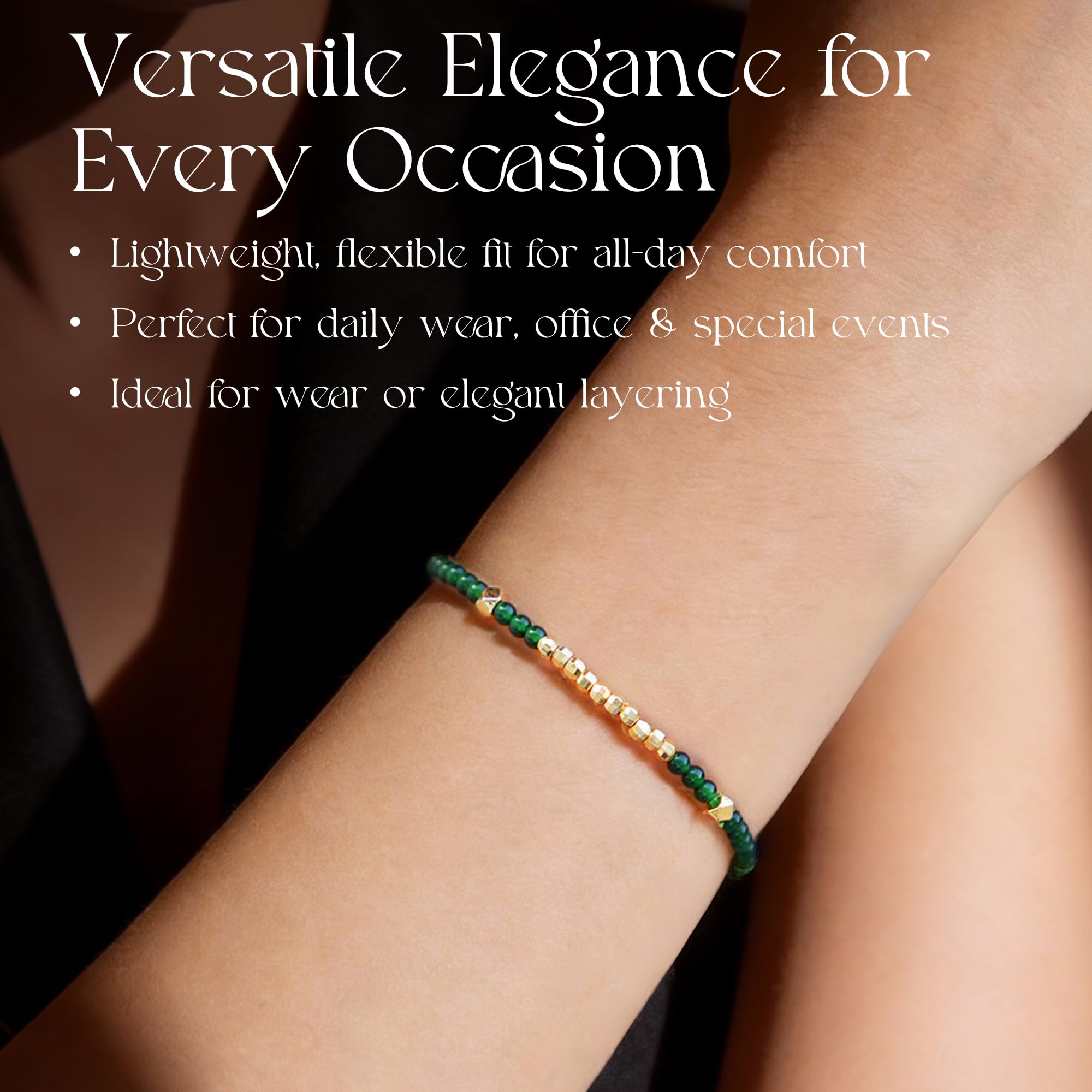 18 K vergoldetes, grünes Jade-Perlen-Armband für Damen, minimalistischer Edelstein, elastisches Armband mit goldenen Würfelperlen, Stackable Lucky Charm Jewellery Geschenk