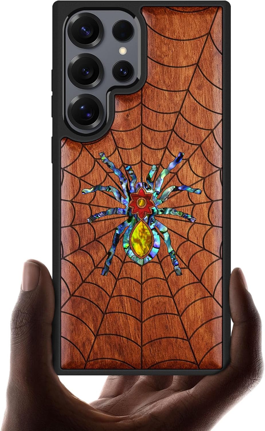 Carveit Magnetic Wooden Case for Samsung Galaxy S25 Ultra Case, Wood Artisan Engraved & Handmade Shell Inlaid, Compatible with MagSafe Wireless Chargers (Spider Web) Blackwood