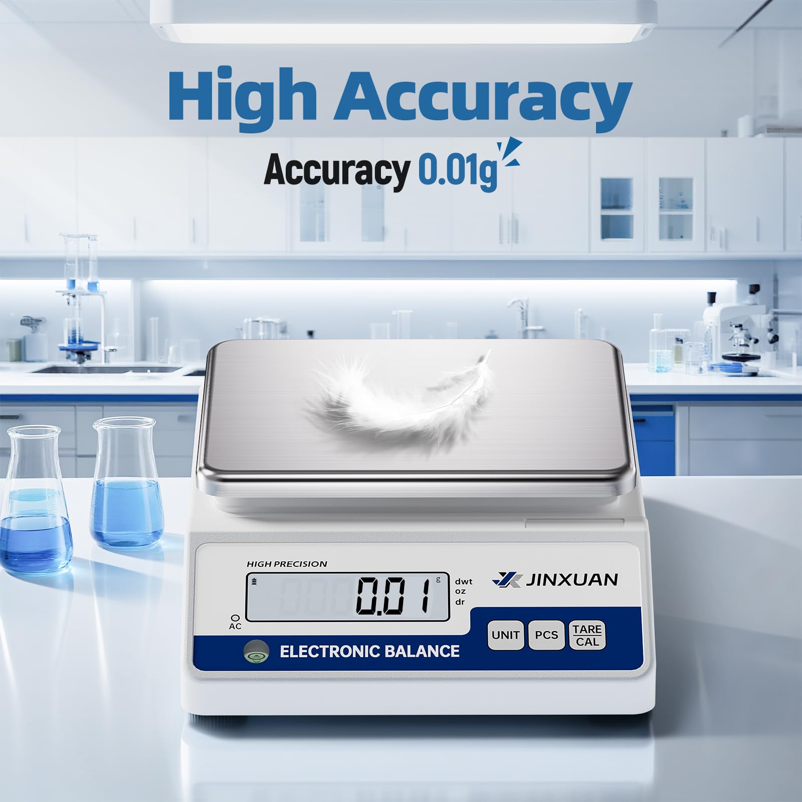 Báscula científica electrónica de alta precisión de 1000/0,01 g, balanza analítica con pantalla LCD de conversión de 7 unidades, pesos de calibración de 200 g y baterías recargables para