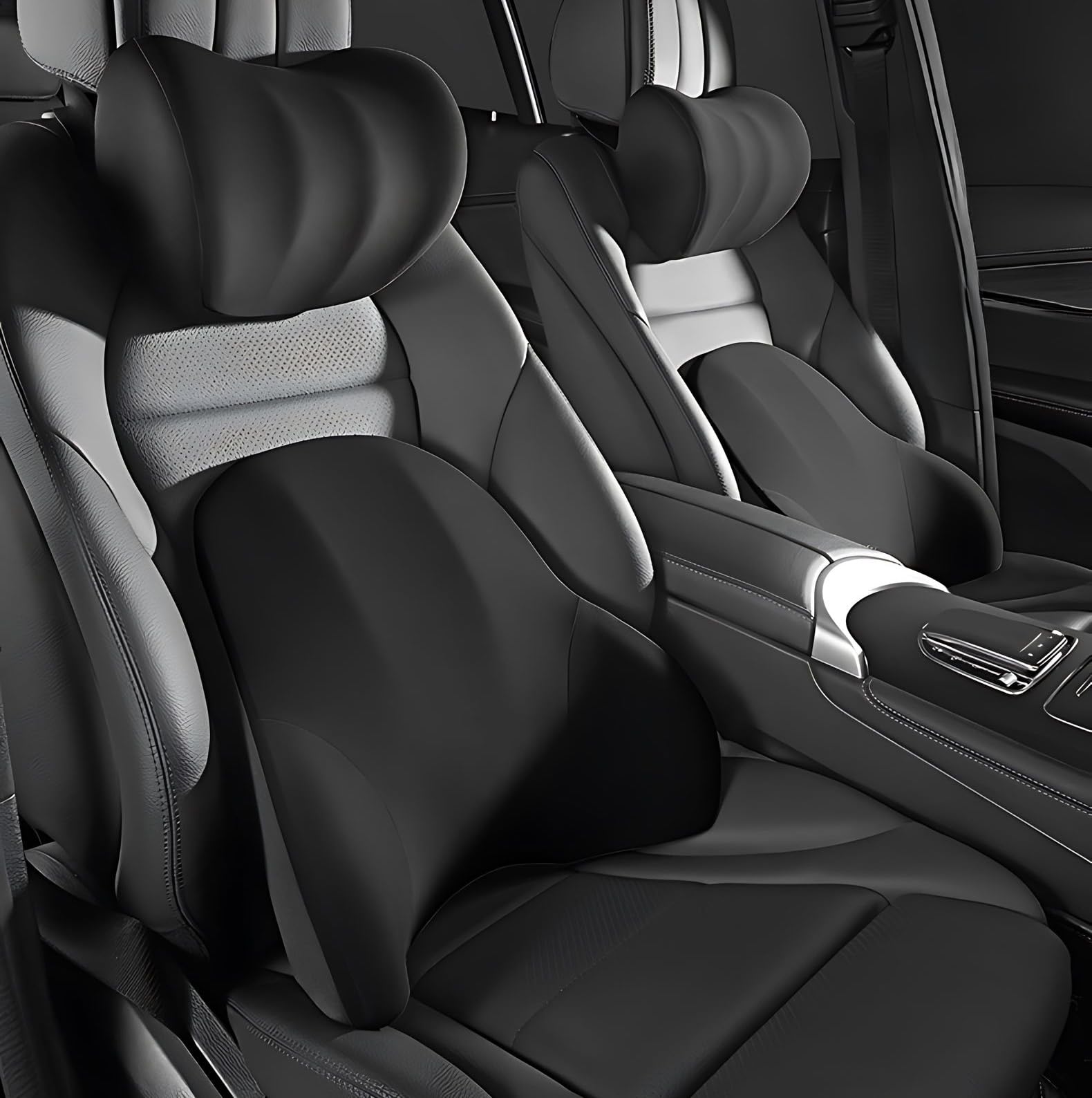 Memory Foam Car Lumbar Pillow and Car Neck Pillow Set with Adjustable Strap Headrest Waist Cushion Set Ergonomic Seat Cushion Breathable Fabric Relieve Driving Fatigue Body Comfort (Black)