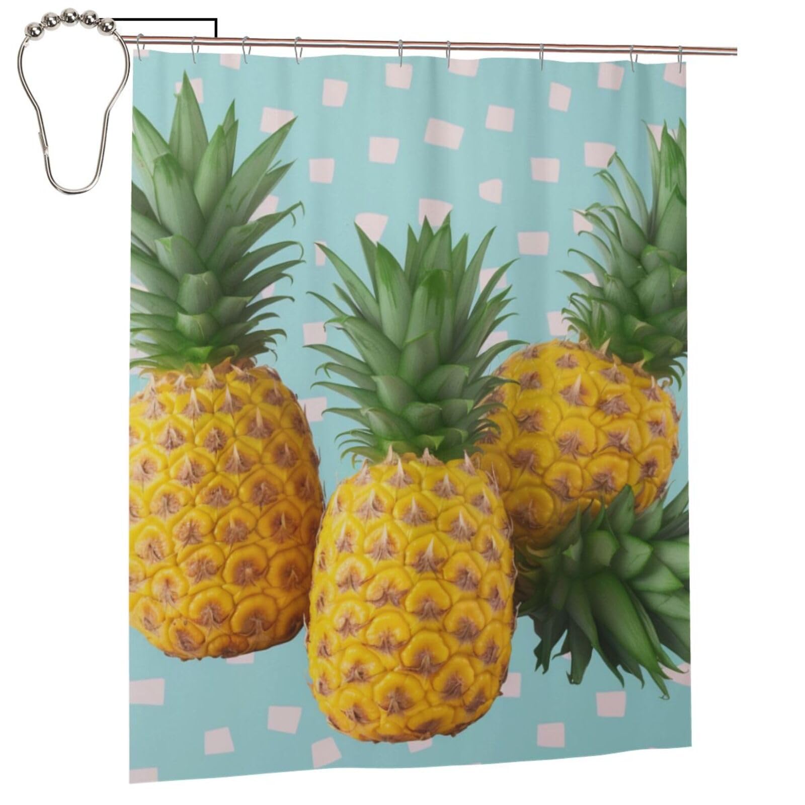 BWWHCCTI Fresh Pineapple Printed Shower Curtain With 12 Iron Hooks Opaque Quick Drying Waterproof Shower Curtains Sets For Bathroom 152x183 Cm