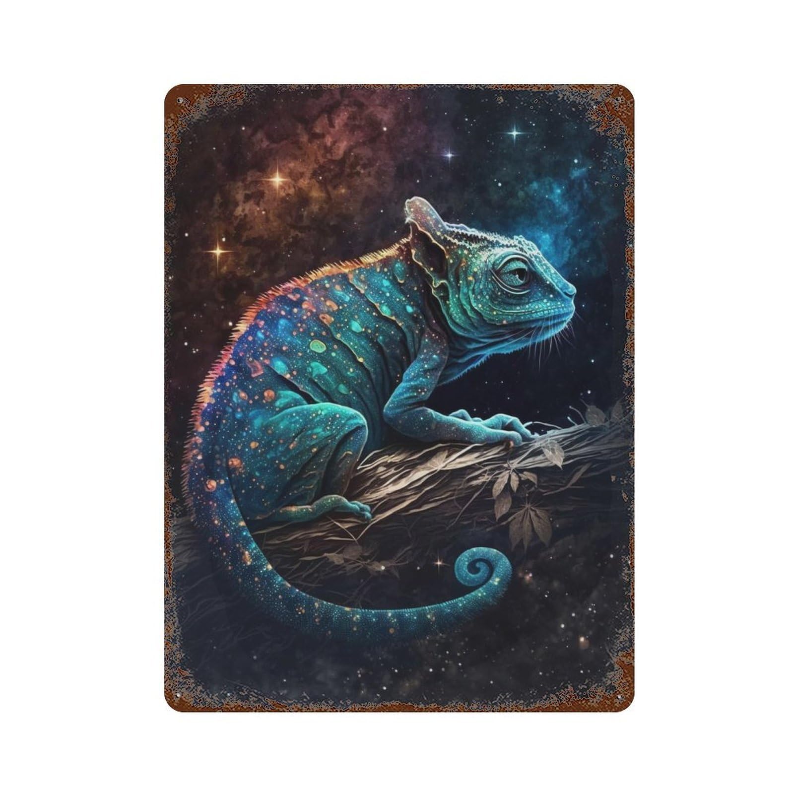 Cosmic Chameleon in Space 15.7"x11.8" Distressed Metal Wall Sign, Retro Wall Decor for Garage, Bar And Workshop Decor