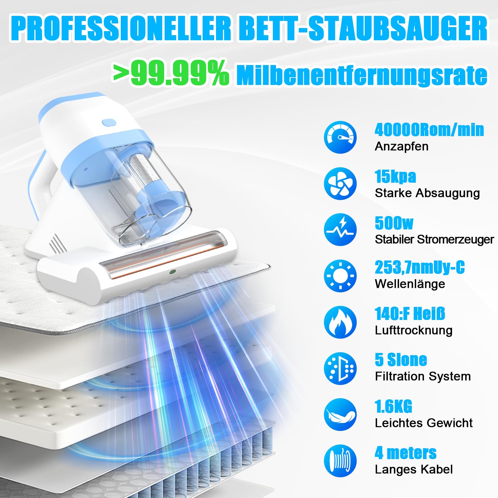 XEEUEX Battimaterasso Antiacaro, Aspira Acari per Materassi e Divani con Luce UV-C, Aspirapolvere per Materassi 500W, 15kpa, Antibatterica, Rimuove Allergeni e Capelli, rimuove il 99,9%, Con Filo