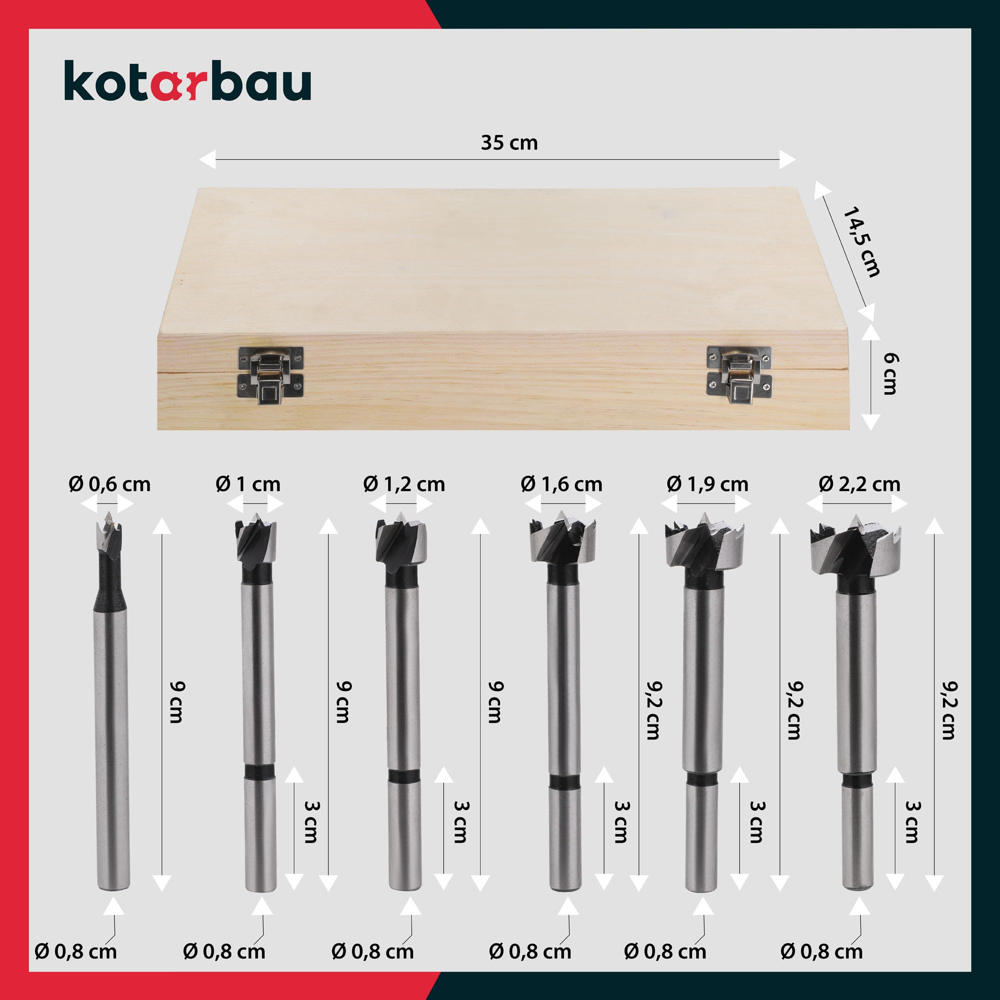 KOTARBAU® 16-częściowy zestaw wierteł typu Forstner 6-54 mm z walizką drewnianą