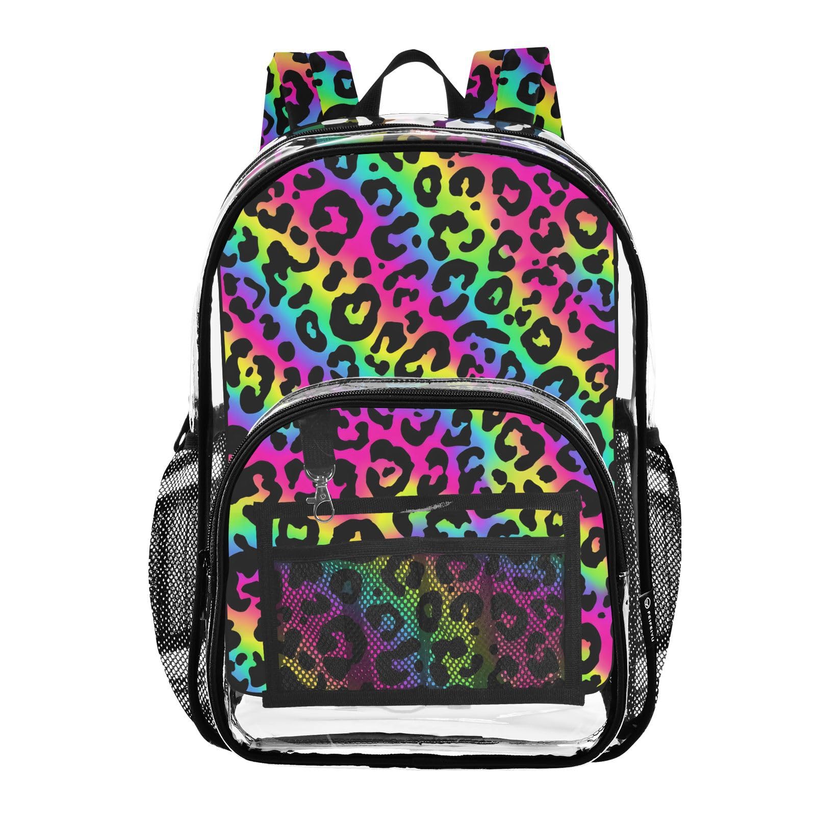 WEIYEKO Rainbow Leopard Print Cheetah Neon Clear Backpack Heavy Duty See Through Transparent PVC BookBag for Kids Boy Girl Adult School Work