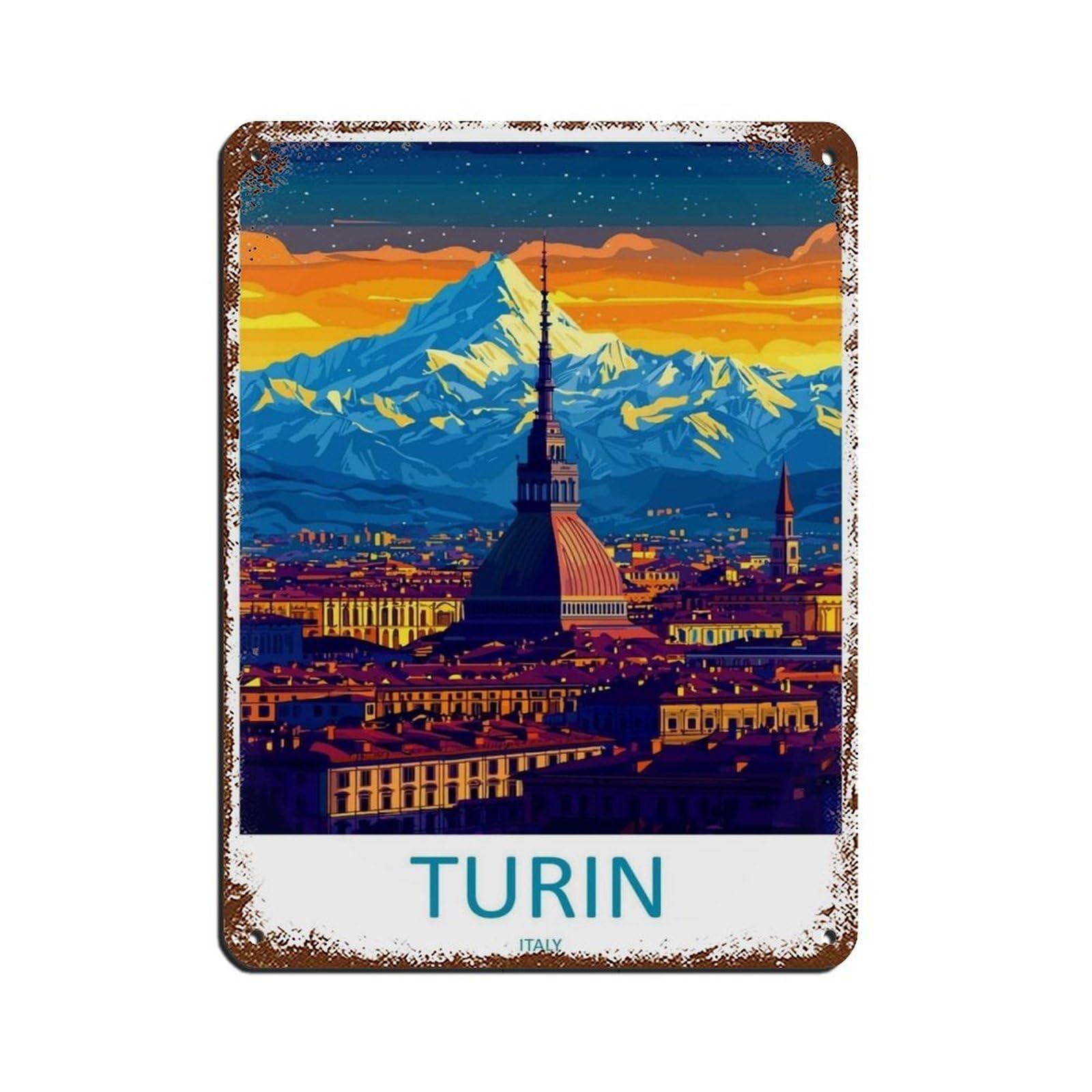 Turin Travel Italy Art Cityscape Poster Retro Poster Metal Tin Sign Chic Art Retro Iron Painting Bar People Cave Cafe Family Garage Poster Wall Decoration 12x16inch(30x40cm)