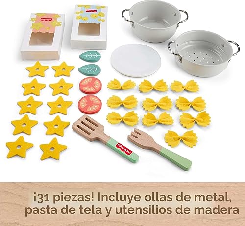 Miniatura 6 de Fisher-Price Juego de cocina de madera, ollas y chef de pasta, 31 piezas de comida de juego y utensilios de madera para niños preescolares a partir