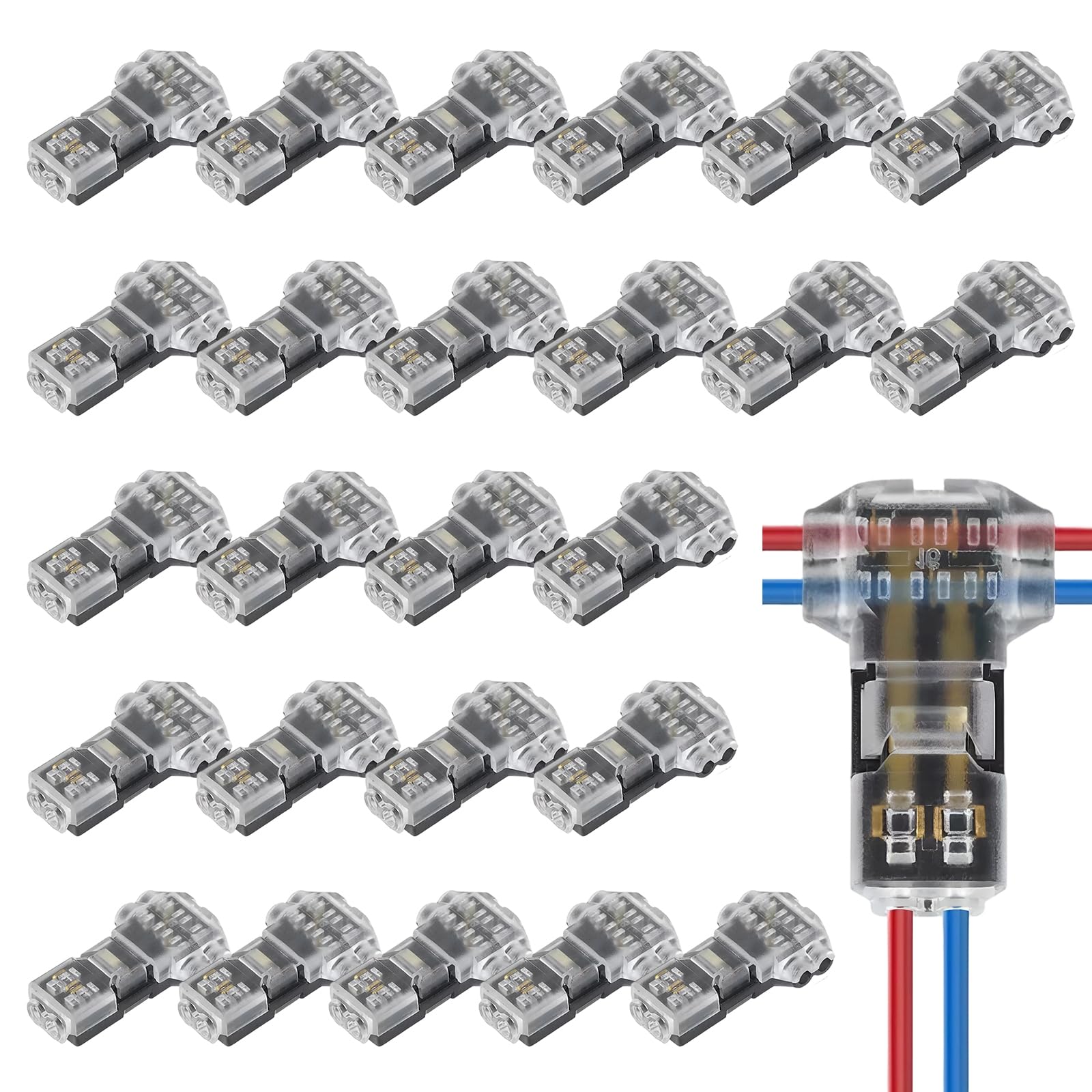 25 Pcs T Tap Wire Connector, 2 Pin 3 Way Electric Connectors for Wiring, Low Voltage No-Strip for Vehicles Audio LED Lighting