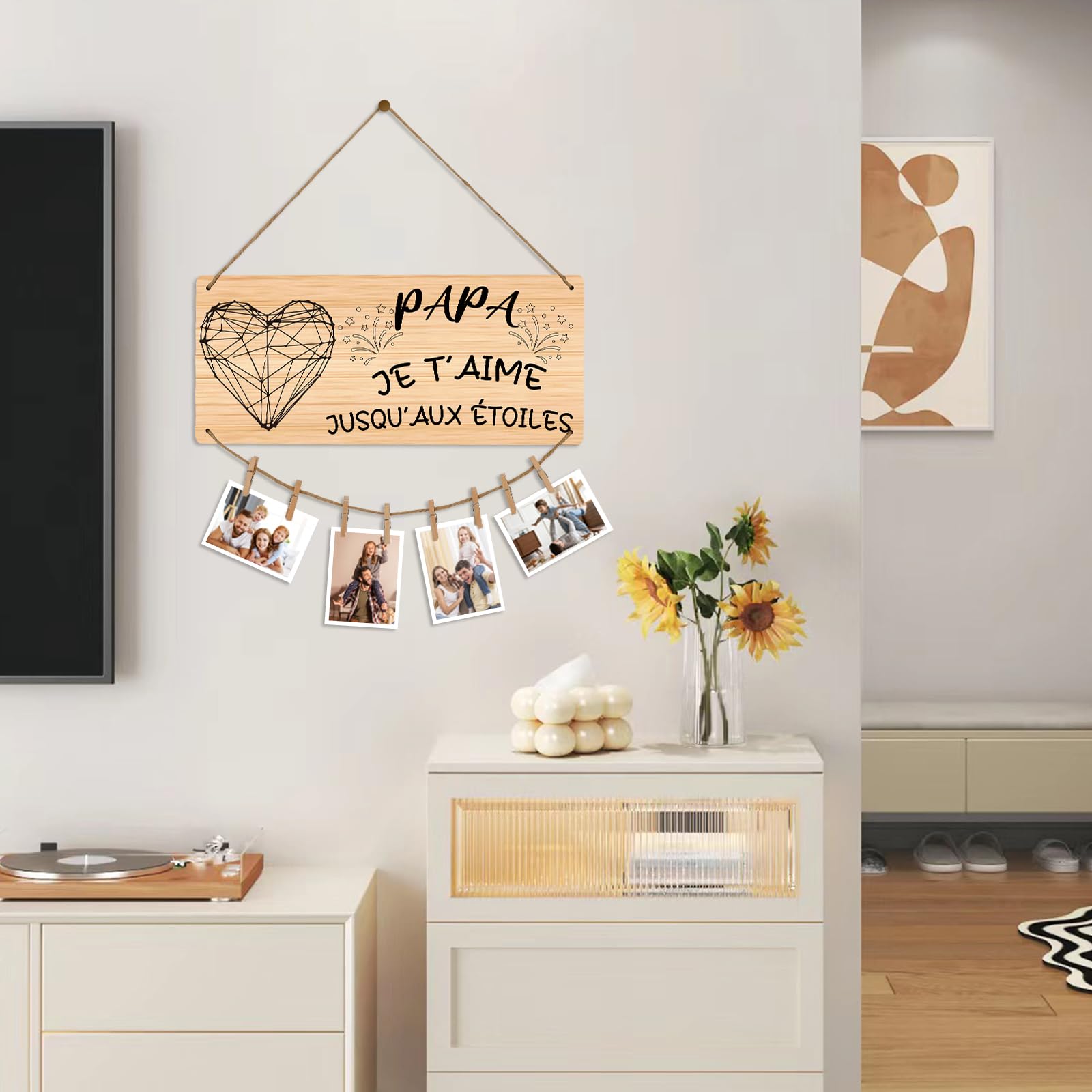 Panneau Photo En Bois Personnalisé Fête Des Pères - Cadeau Papa Original Avec Clips Et Corde, 30x13cm