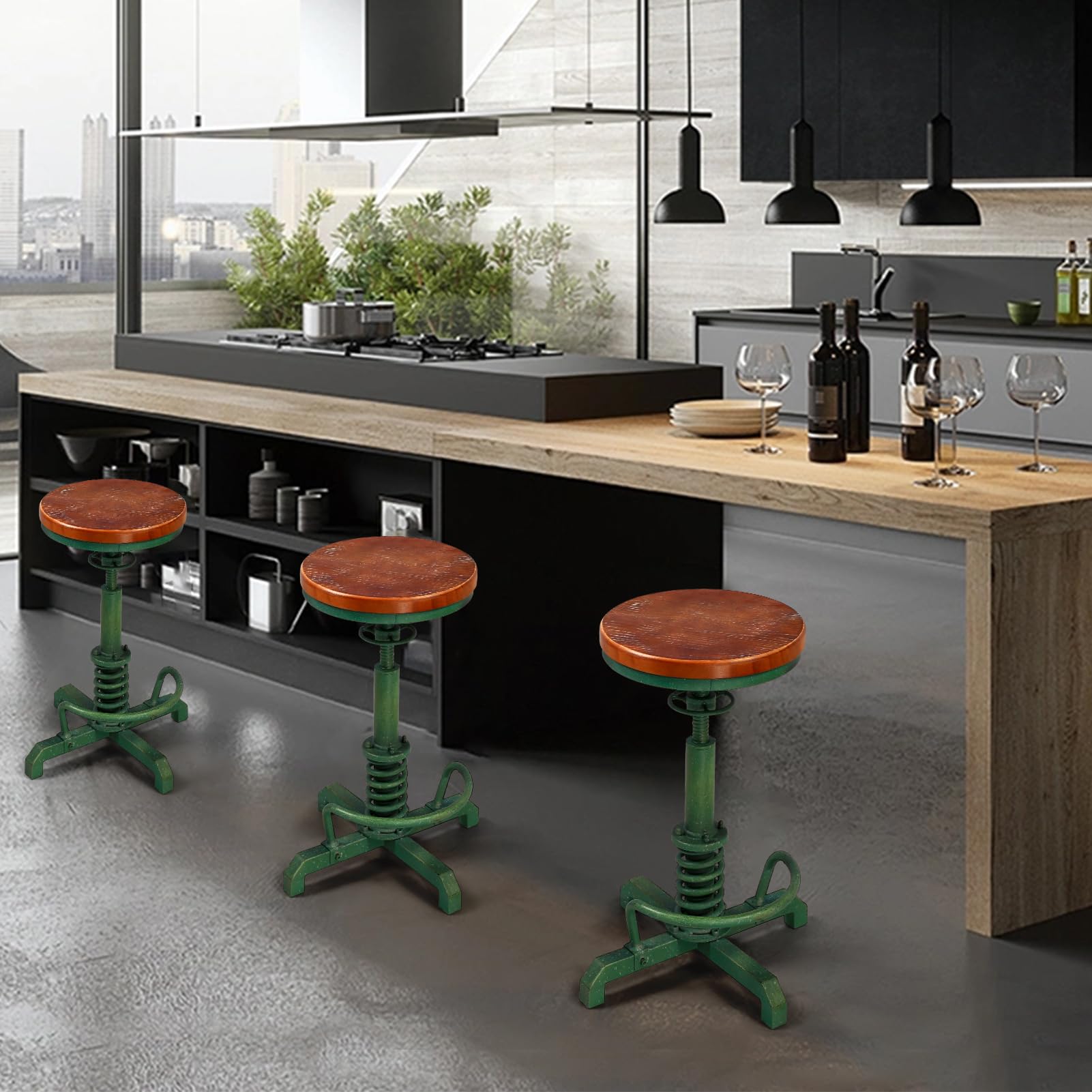 Industrial Retro Vintage Farm Asiento de madera Tractor Taburete Cocina Giratorio Altura Ajustable Taburete de bar Verde Antiguo 8