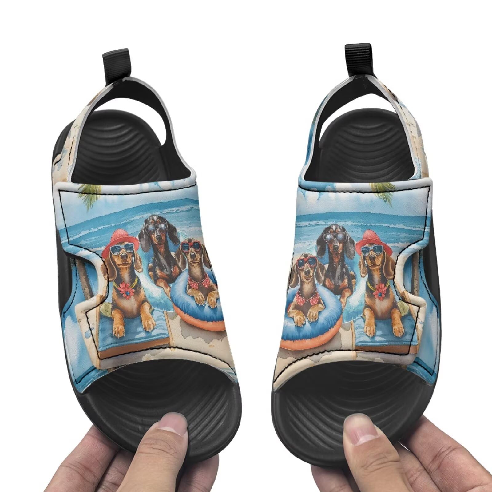 Pointodoor Dachshund on Beach Sandals for Kids Funny Animal Summer Beach Water Slides Shoes Adjustable Hook and Loop Sport Athletic Sandals for Outdoor Indoor US 3
