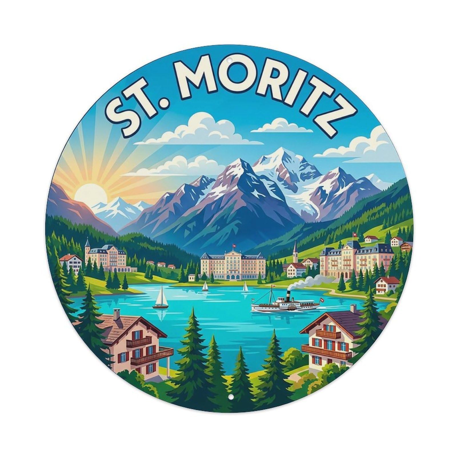 Retro Travel Switzerland St Moritz Vintage Metal Tin Sign Plaque Wall Decor for Cafe, Club Bar, Office, Garden Metal Poster 8x8Inch